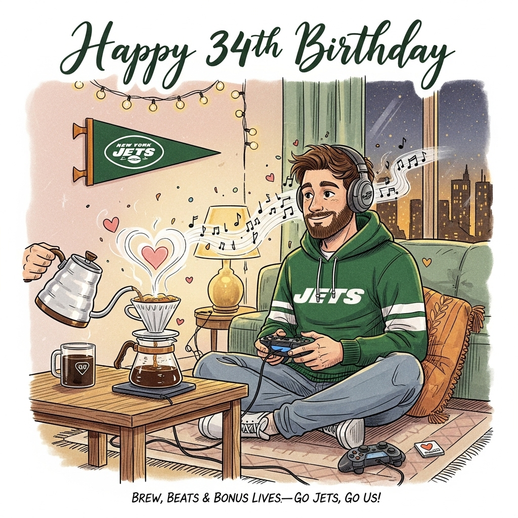 Brown hair and bearded man, new york jets, v60 coffee, listening to music, playing games, and Birthday Card