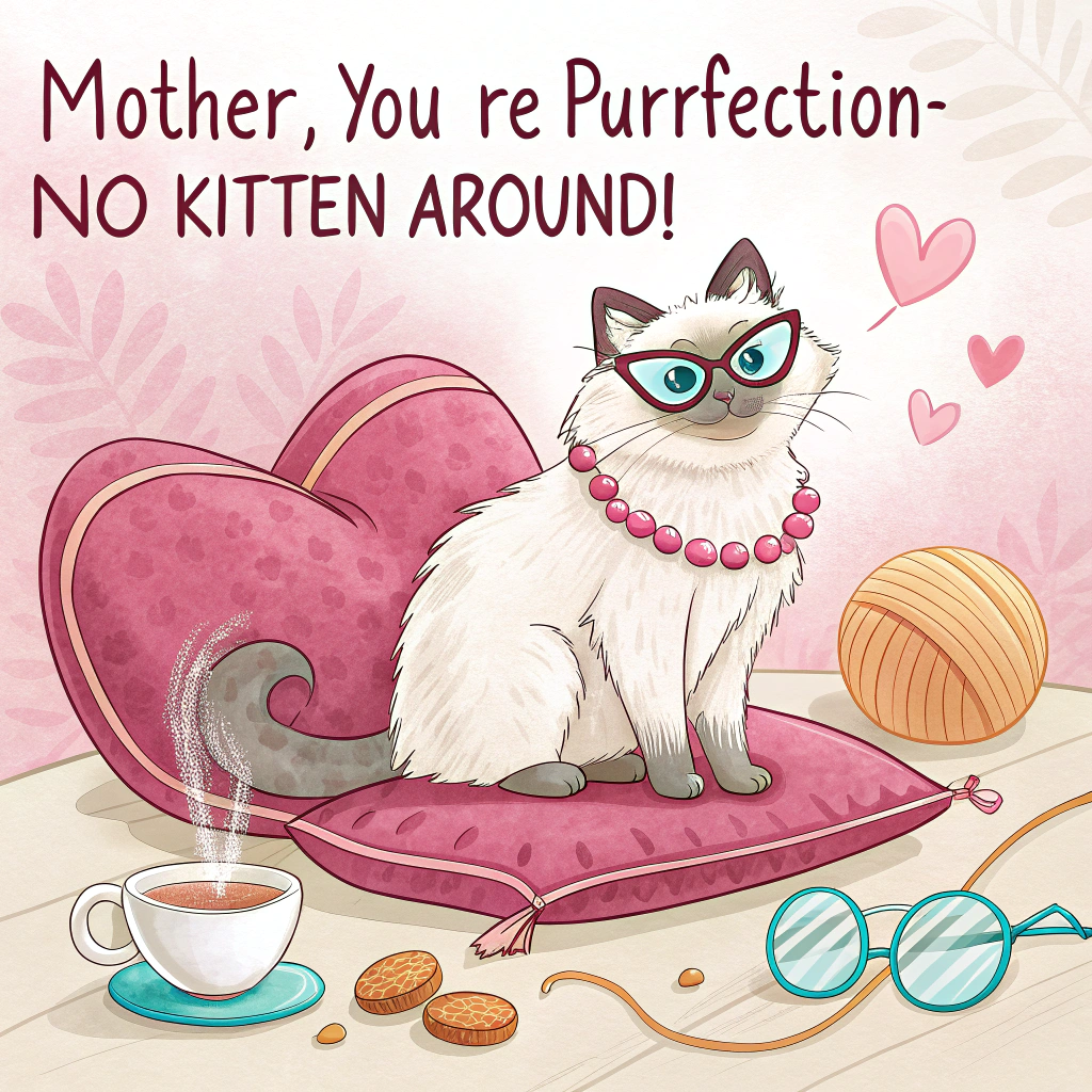 At the top of the image, "Mother, you’re purrfection—no kitten around!"

- In the center of the illustration, depict a fluffy white Siamese cat sitting like royalty atop a plush pink velvet cushion.  
- Around the cat, there are playful little heart-shaped balls of yarn, a tipped-over tea cup with tiny fish-shaped biscuits spilling out, and a pair of reading glasses resting daintily on an open romance novel.  
- The cat is wearing a pearl necklace and a smug, satisfied grin.  
- A soft sunbeam filters through a window behind, casting a warm glow and tiny pawprint shadows on the wooden floor.  
- A ribbon banner near the bottom of the image says in fancy hand-lettered script: "Hope your day is the cat's meow!"
Generated with these themes: white siamese cat.
Made with ❤️ by AI.