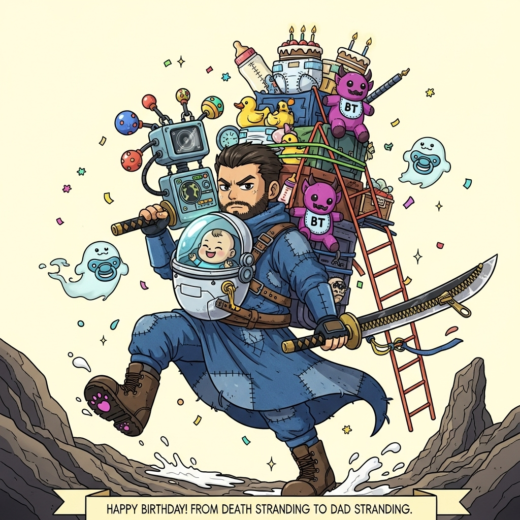 Ok so my boyfriend has been playing death stranding game, he loves denim slayer anime cartoons and we are expecting are first child. Can you link them all up and make it funny, and Birthday Card