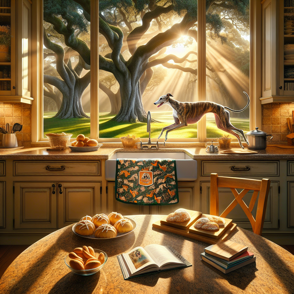 A warmly-lit kitchen radiating with the scent of newly-made pastries. An apron decorated with a theme of a professional American football team, casually thrown over a chair. A neat pile of cookbooks is arranged on the solid granite kitchen countertop. An enchanting view through the window reveals tall, impressive oak trees under a bright sky. Adding life to this calm spectacle is a lively greyhound, its slender silhouette playfully jumping about in the speckled sunlight, encapsulating pure happiness.
Generated with these themes: New England patriots, Greyhound , Oak trees, and Chefs.
Made with ❤️ by AI.