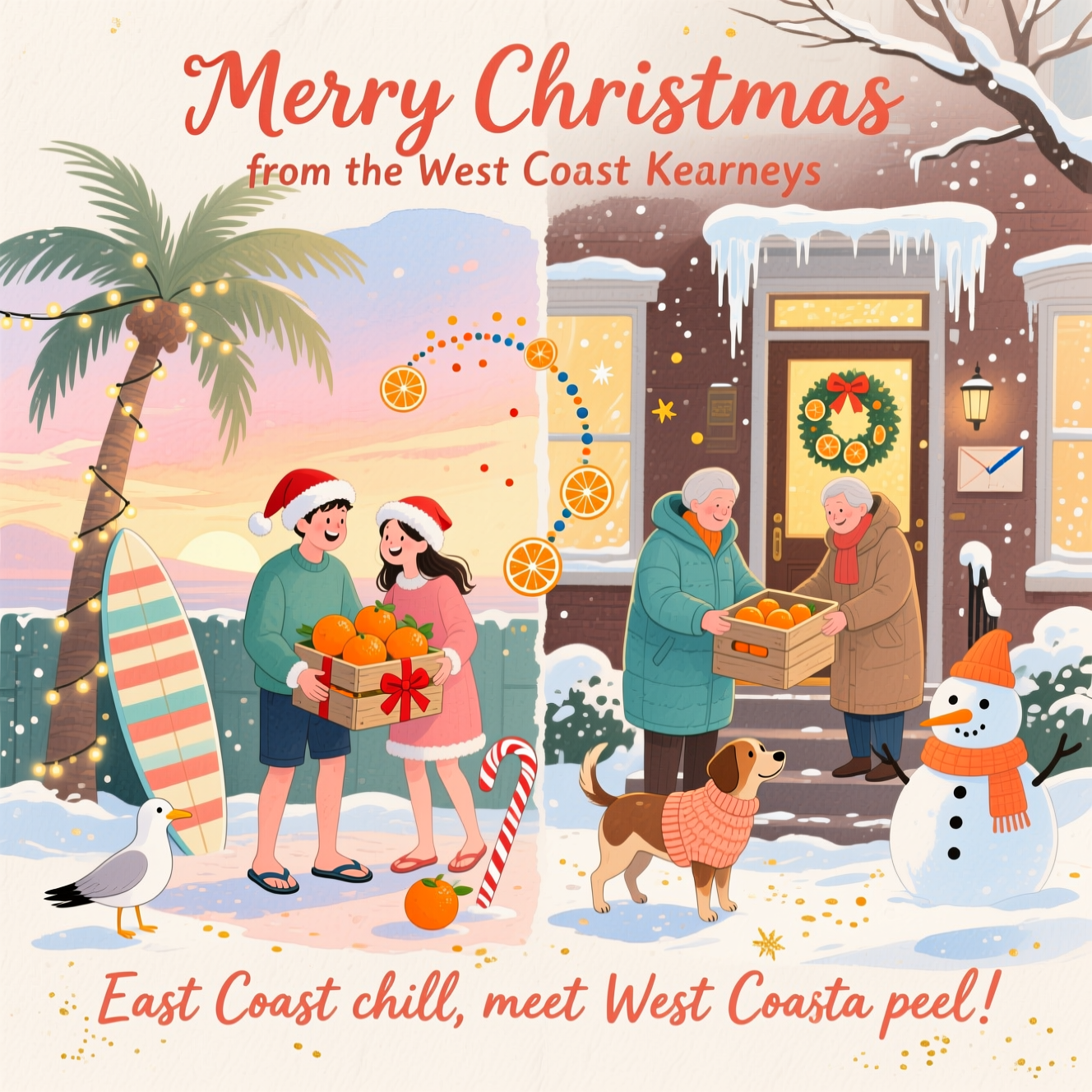 At the top of the Watercolor Style image, "Merry Christmas from the West Coast Kearneys"

At the bottom of the image, "East Coast chill, meet West Coast peel!"

In the center, paint a playful split-coast scene in soft watercolor washes with delicate gradients, subtle pigment blooms, and natural cotton paper texture:
- Left side (California warmth): pastel sunset sky, a palm tree wrapped in twinkle lights, and a cheerful couple in Santa hats and flip-flops packing bright oranges tied with red bows into a rustic fruit crate; a candy-cane–striped surfboard leans nearby; a seagull in a tiny scarf looks on.
- Right side (East Coast chill): snowy brownstone stoop with icicles and muted winter sky; bundled relatives in puffy coats open the crate, golden-orange glow lighting their faces; a dog in a knit sweater sniffs an orange; a citrus wreath hangs on the door, and a snowman sports orange-slice buttons.
- A whimsical dotted airmail arc of tiny orange slices links the sunny left to the snowy right, sparkling like stars.

Color palette: warm tangerines, coral, and sunlit peach on the left; cool teal, indigo, and frosty cream on the right. Add gentle white spatter for snow and tiny gold flecks for holiday sparkle. Hand-painted brush lettering for both lines, large and lively, with a soft watercolor bleed so the text steals the show.
Generated with these themes: California couple gifting oranges to east coast relatives, and .
Made with ❤️ by AI.