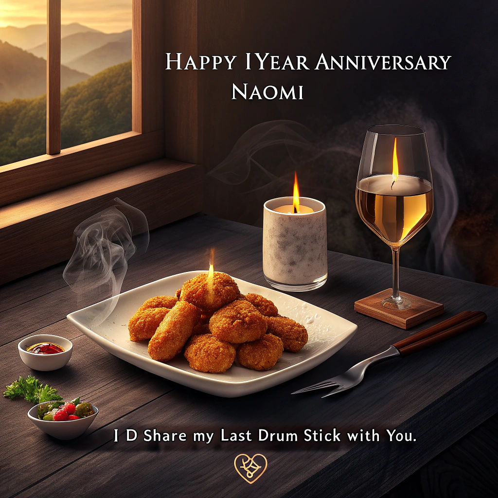 At the top of the Photorealistic picture taken from a camera image, "Happy 1 Year Anniversary Naomi"

At the bottom of the image, "I’d share my last drumstick with you."

Ultra-high-definition 4K photorealistic scene: a romantic, candlelit dinner-for-two set on a rustic dark-wood table near a window at golden hour. Center stage, a matte-white porcelain platter holds perfectly golden, ultra-crispy fried chicken pieces arranged into a heart, glistening with a warm drizzle of honey; delicate steam curls upward. Garnish with fresh rosemary sprigs and a few scattered edible rose petals. Beside the platter, two elegant champagne flutes catch the light; a tiny glass ramekin of spicy honey sits nearby. A petite honey-butter biscuit holds a slim, metallic-gold number “1” candle softly flickering. In the background, a lush bouquet of deep red roses and warm fairy-light bokeh create a dreamy, intimate ambience. Shot at a gentle 45-degree angle with a 50mm lens at f/1.8 for shallow depth of field: tack-sharp textures on the chicken’s crunchy crust, creamy highlights on the honey, velvety blur behind. Warm, soft window light and candle glow, subtle shadows, rich color contrast. Leave clean negative space at the very top and bottom for the headline and punch-line; set the headline in an elegant warm-ivory serif, and the punch-line in a soft gold script for a romantic finish.
Generated with these themes: Fried Chicken, and .
Made with ❤️ by AI.
