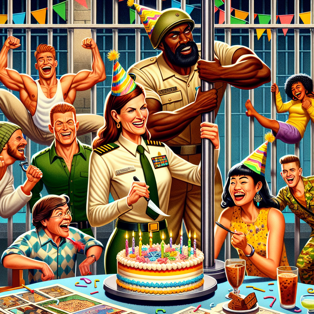 This is a humorous, birthday-themed illustration. A lively party is underway with a brunette Caucasian woman at the center, grinning as she slices a birthday cake, and she's encompassed by a joyful crowd of friends. A muscly blonde-haired Caucasian man who is part of the military is striving to keep his calm while a goofy birthday hat is atop his head. A pole has been set up in a separate area where a guest, a Black man, is humorously pole dancing, his limbs flopped all over, and a ginger South Asian girl with twinkling eyes is cheering him on with great enthusiasm. The background is adorned with playful prison bars, triggering the theme of 'escape to fun'.
Generated with these themes: Brunette woman, Blonde haired army man, Pole dancing, Ginger girl, and Prison.
Made with ❤️ by AI.