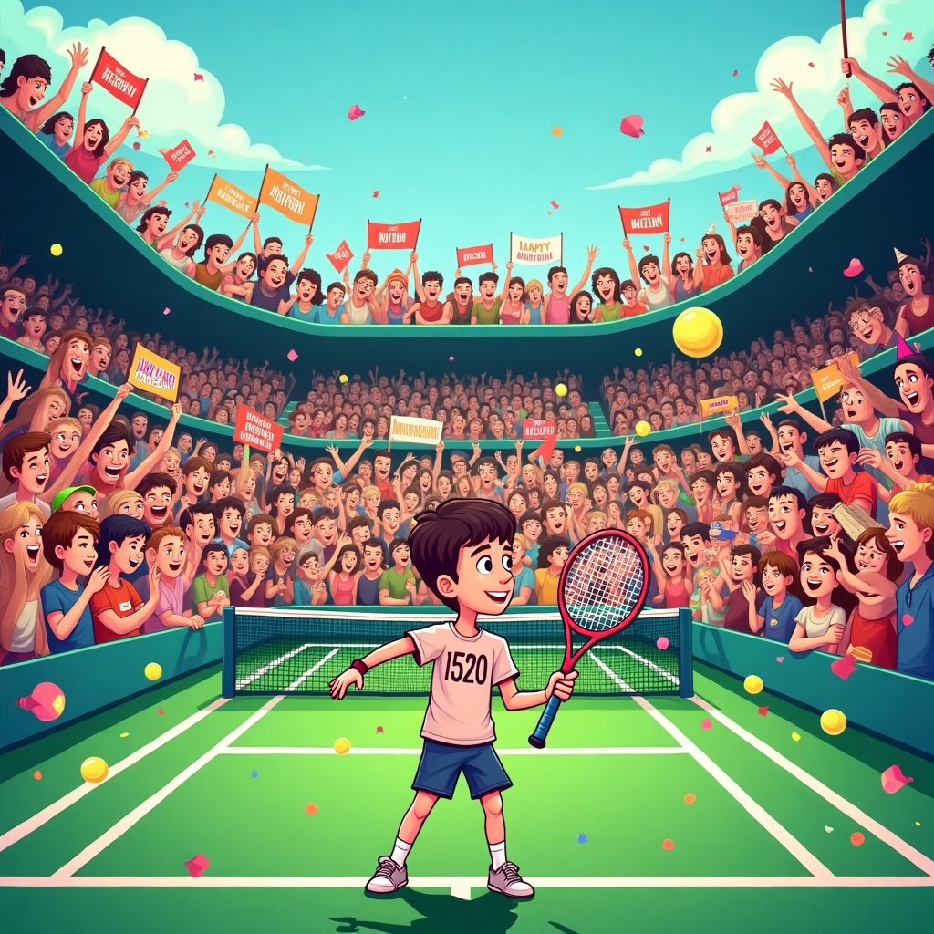 17 year old boy playing tennis wearing tshirt that says "1520", Very large audience in a tennis stadium cheering, Audience holding vareity of banners that say "Happy Birthday Aryan!!", and Some audience holding banners that say "Go Aryan" Birthday Card