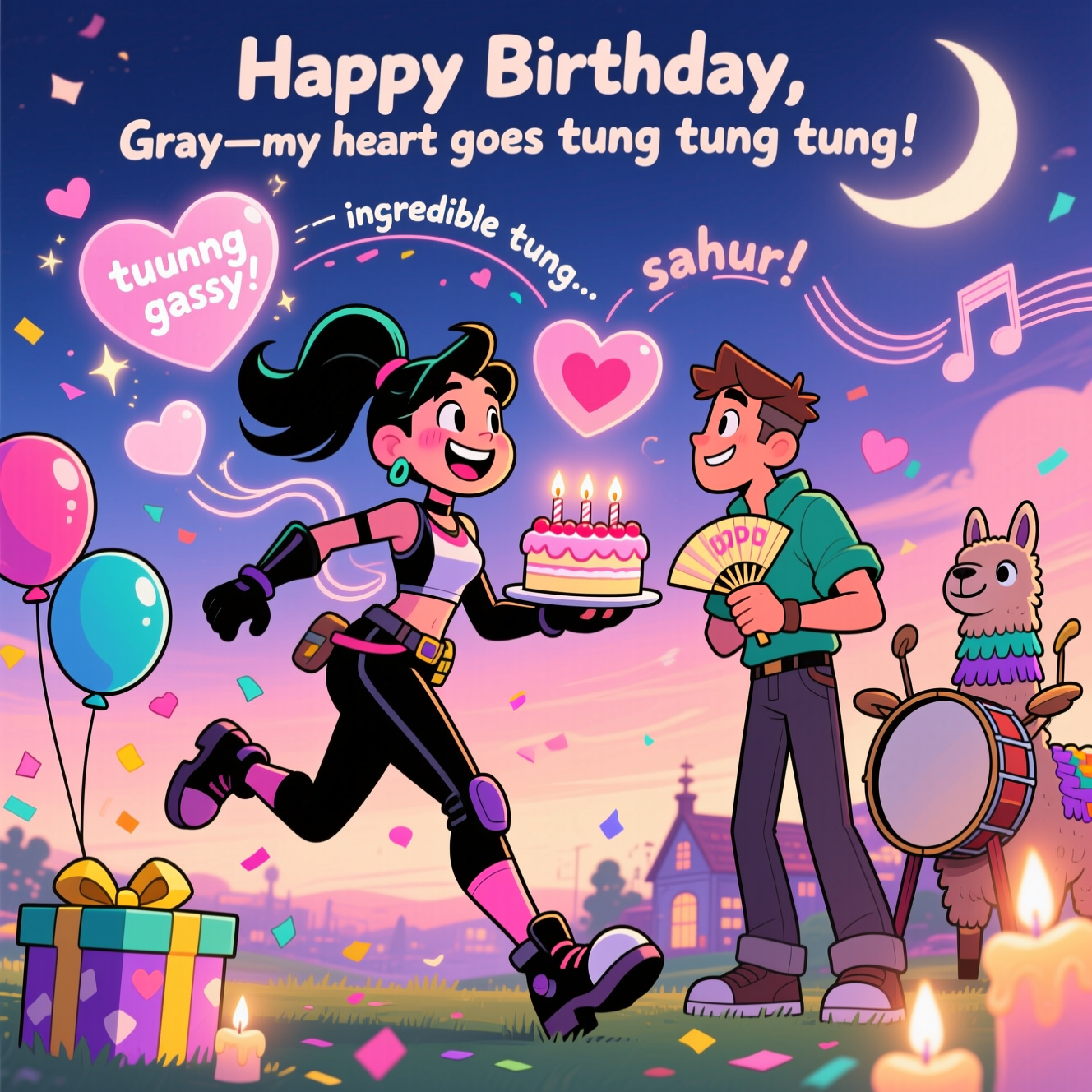 At the top of the Cartoon Style image, “Happy Birthday, Gray—my heart goes tung tung tung!”

A full-bleed, vertical, romantic cartoon illustration in a playful, vibrant style: a Fortnite-style lady hero with exaggerated proportions, thick black outlines, and bright saturated colors, in a whimsical, energetic pose. She’s mid-stride, blushing and grinning, presenting a heart-shaped birthday cake with glowing candles to her smiling partner, who leans in with a loving gaze and playfully fans the air with a party fan. A cheeky, “incredible gassy” trail swirls behind her as pastel, heart-shaped puffs with sparkles and motion lines—cute and comical, not gross—forming a loose heart in the air. Surround them with confetti, glossy balloons, and a llama-piñata-inspired gift box for a fun battle-royale vibe.

Background: a dreamy pre-dawn sky gradient from deep indigo to peach, a crescent moon, and far in the distance a friendly town drummer beating a big round drum; a soft ribbon of sound waves arcs across the sky with tiny hand-lettered onomatopoeia reading “tung tung tung… sahur!” in subtle, airy lettering. Warm candle glow and pink heart-shaped highlights illuminate the couple; soft rim light and cel shading emphasize the thick outlines. Palette: hot pinks, teals, purples, lemon yellow accents. Composition feels dynamic and romantic, with floating hearts and sparkles framing the couple. No logos. 2D cel-shaded cartoon finish, crisp, clean, and joyous. Vertical 4:5 aspect ratio.
Generated with these themes: Tung tung tung sahur, Fortnite lady, incredible gassy, and .
Made with ❤️ by AI.