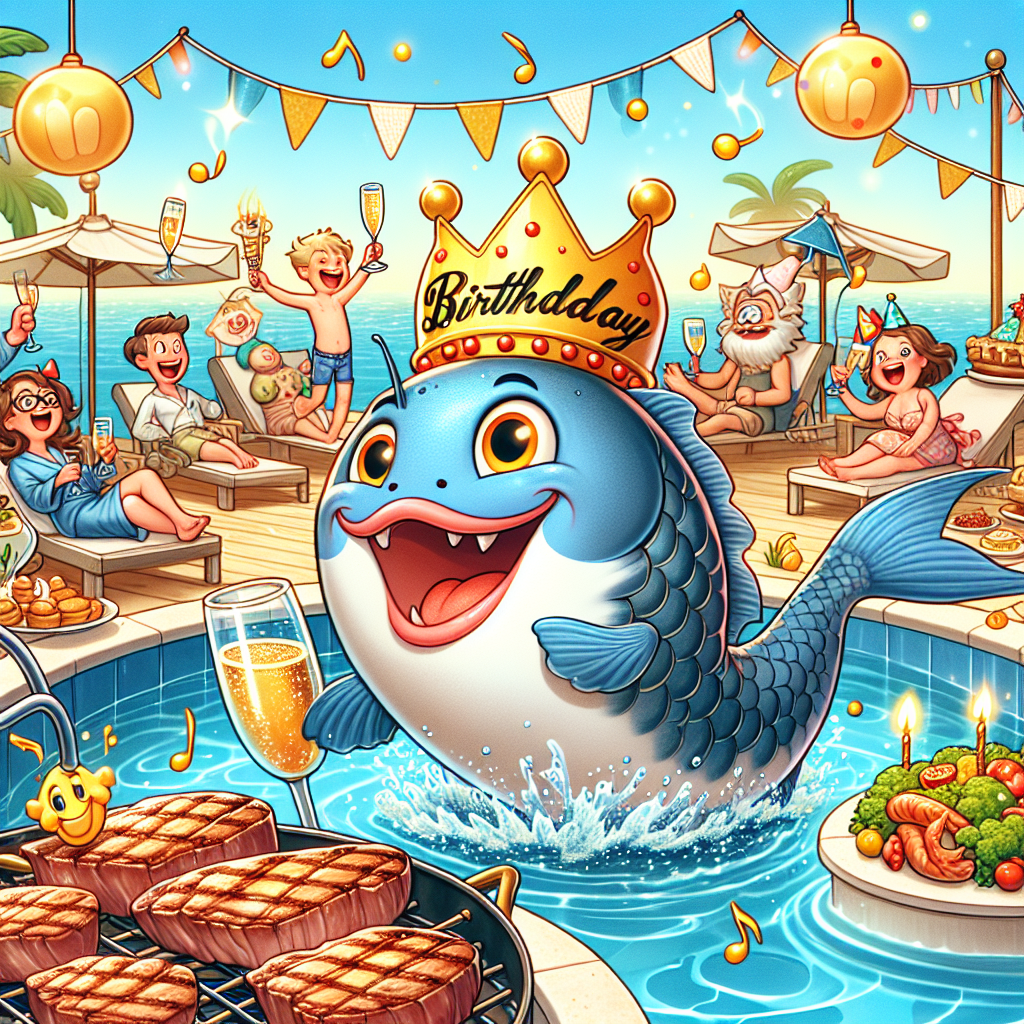 Picture a delightful animated birthday scene set around a shimmering pool where a jovial catfish adorned with a birthday crown is the center of attention. The catfish playfully splashes around, while its guests lounge nearby, toasting with glasses filled with bubbling prosecco in a celebratory mood. A buffet table loaded with a variety of dishes is seen, the main attraction being tempting steaks frying delightfully, inviting everyone to the impending feast. Above the playful chatter and hearty laughter, a catchy tune resounds, personified in the cartoon as joyful musical notes, seen dancing overhead, providing the ideal accompaniment to a memorable birthday celebration.
Generated with these themes: Catfish, Pool, Prosecco, Steak, and Music.
Made with ❤️ by AI.