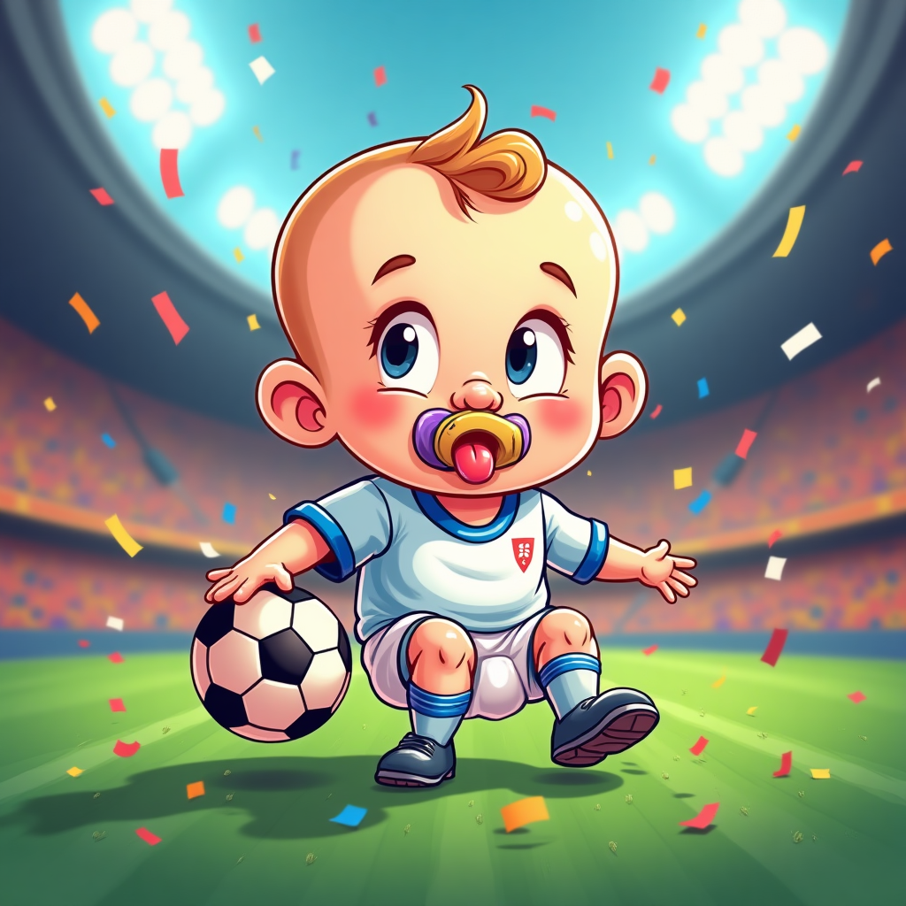 At the top of the Cartoon Style image, Baby Murray coming soon! Nov 2025

- Style: Playful, exaggerated cartoon with thick black outlines, bright saturated colors, and a bouncy, energetic vibe; portrait orientation, large image with minimal text.
- Scene: A chubby-cheeked baby boy as a tiny football star on a vivid green pitch inside a roaring stadium, confetti flying. The baby is mid-dribble with a giant classic football, one oversized boot hilariously flying off, tongue-out grin, single hair curl, and a pacifier shaped like a mini football.
- Outfit/props: Oversized jersey and droopy socks, giant cleats, diaper peeking; baby bottle as a sporty water bottle; whistle-shaped diaper pin; little foam-finger on one hand (number shape only, no extra text).
- Instagram vibe: Frame the action inside a large, tilted smartphone screen with an Instagram-style gradient ring and glossy heart/comment icons floating around (no extra words), plus sparkly filters and playful stickers feel.
- Composition: Dynamic action lines, subtle stadium lights flare, candy-color palette (emerald pitch, sky blue, sunshine yellow, coral pink, royal purple); keep the baby big and central.
- Extra small caption (one line): At the bottom of the image, in bold, friendly hand-lettering: New signing to Team Murray!
Generated with these themes: Football baby boy,instagram, and .
Made with ❤️ by AI.