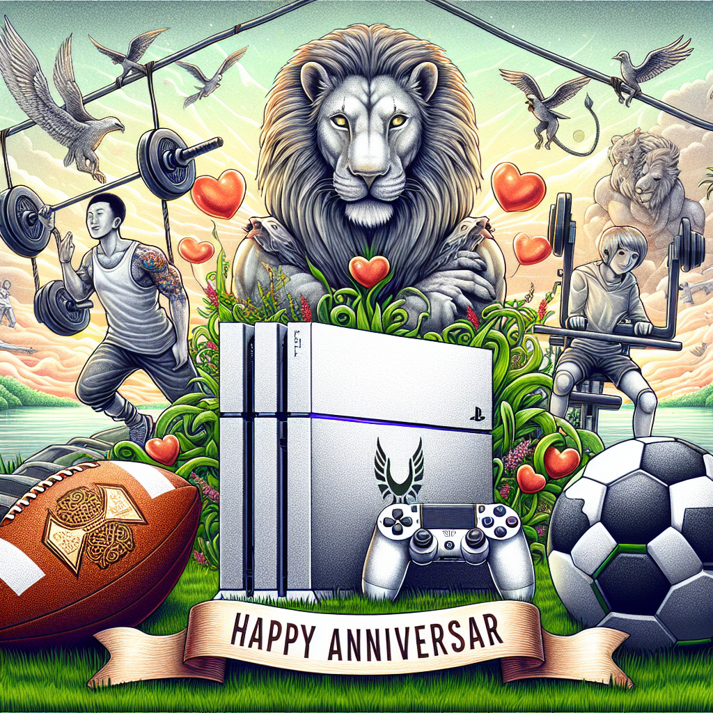 An illustration to celebrate an anniversary features a detailed next-generation gaming console and a football, conspicuous in the foreground and adorned with a bird emblem. Standing guard at the back is a robust lion next to a weightlifting bench. A tranquil landscape, reminiscent of the Balinese countryside forms the setting. High above, appear figures from a popular anime known for its unique mix of martial arts, friendship, and surreal elements, seemingly in flight. 'Happy Anniversary' glows prominently, sharing space with the date '3rd June 2017'. Emphasizing the theme of love are intertwined hearts, and the word 'Love' in bold letters, tying the varied elements into a heartwarming homage.
Generated with these themes: Football, Liverpool FC, Dragon ball z, Weightlifting, Bali, Lion, Ps5, Happy anniversary, 3rd june 2017, and Love.
Made with ❤️ by AI.