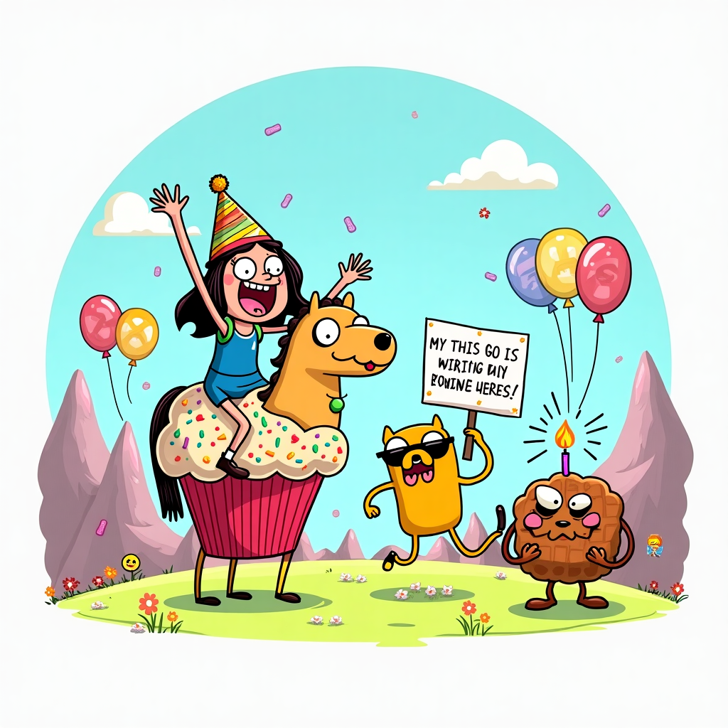 **Prompt:**  
At the top of the cartoon image: *"Erin, It’s Adventure O’Clock—You’re Legally Allowed to Do Dumb Stuff Now!"*

A cartoon-style image inspired by the world of "Adventure Time" — in the foreground, a stylized version of Erin (with party hat, exaggerated grin, and 18-shaped sunglasses) is riding a giant rainbow-sprinkled cupcake like it’s a magical steed. Behind her, a silly mash-up of Finn and Jake characters are cheering wildly—Jake stretching himself into the shape of a giant “18,” while Finn holds up a sign that reads “Level Unlocked!”

The background is a whimsical birthday landscape with candy mountains, jellybean trees, and floating balloons shaped like numbers and silly emojis. There’s a flying waffle shooting out confetti, and a grumpy cake creature with a single candle grumbling, “It all goes downhill from here…” but smiling with frosting.

Mood: hilarious, zany, adventurous — a birthday celebration that’s totally mathematical.
Generated with these themes: Adventure time, 18 year old, and Happy birthday.
Made with ❤️ by AI.