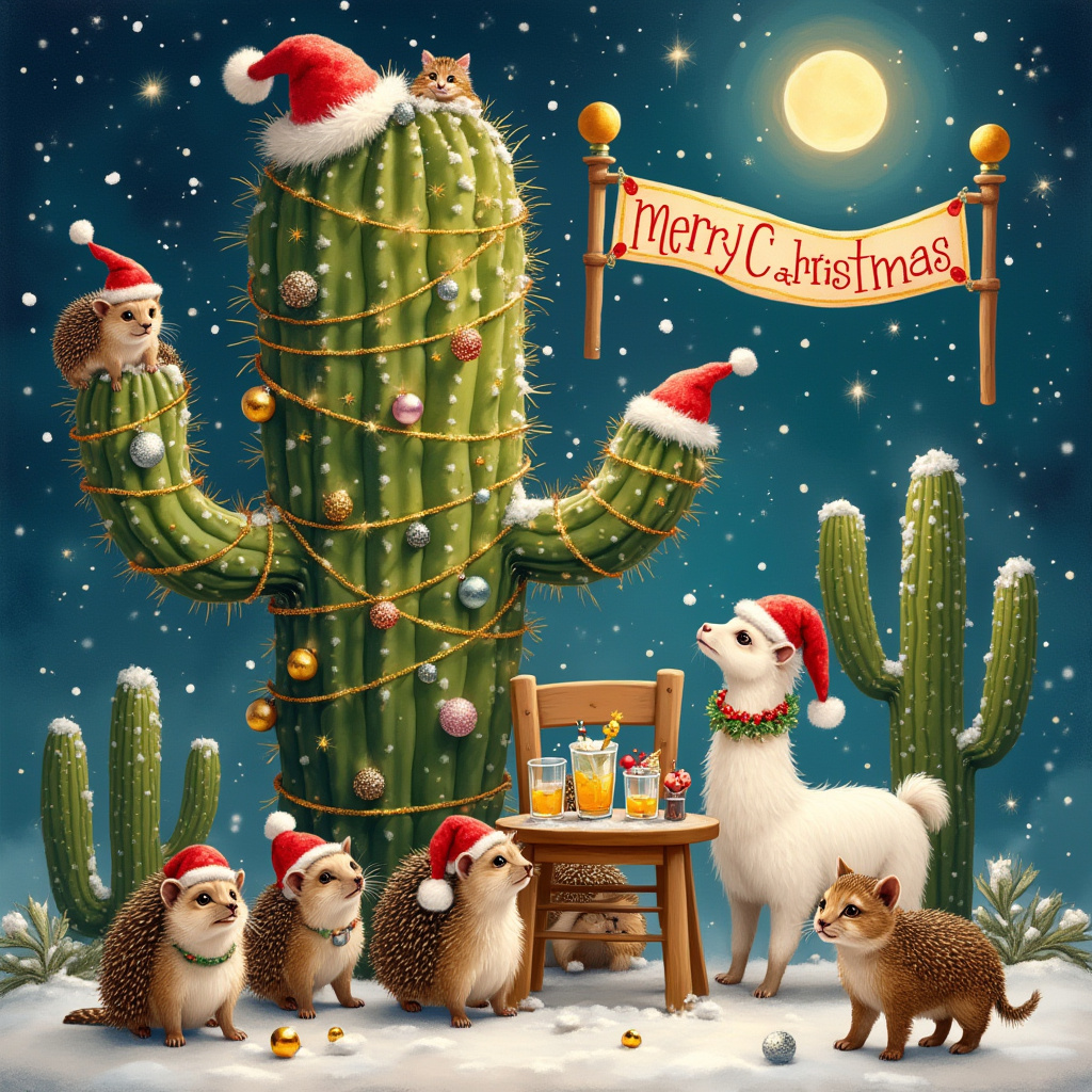 In this whimsical Christmas greeting card scene, a delightful gathering unfolds under a starry night sky dusted with snowflakes. At the heart of the scene is a jovial assembly of hedgehogs and llamas, all decked out in vibrant red Santa hats tipped with fluffy white pom-poms. The hedgehogs, with their tiny eyes twinkling with mischief, are busily hanging shiny baubles on the prickly pads of a towering cactus. This cactus, comically transformed into a Christmas tree, glows with strings of twinkling lights wrapped around its arms, and tinsel drapes whimsically from its spines, shimmering in shades of gold and silver. Nearby, llamas, with their long necks adorned with garlands of tinsel, cheerfully supervise the hedgehogs' decoration efforts. Their soft, woolly coats glisten with a light dusting of snow. In the foreground, a cluster of cats, perched around a small wooden table, sip from tiny glasses of tequila. Each cat wears a festive collar with jingling bells, and their tails curl contentedly around the chair legs. Above the festive fray, a banner strung between two desert yuccas proclaims "Merry Christmas Paul & Debbie" in bold, cheerful letters, welcoming the viewer into this unique desert wonderland. The whole scene is bathed in the warm glow of a full moon, casting playful shadows and adding a magical touch to this quirky Christmas tableau.
Generated with these themes: Hedgehogs , Llamas wearing Santa hats, baubles and tinsel, Cactus decorated like Christmas tree , Cats drinking Tequila , and Christmas scene with Merry Christmas Paul & Debbie banner .
Made with ❤️ by AI.