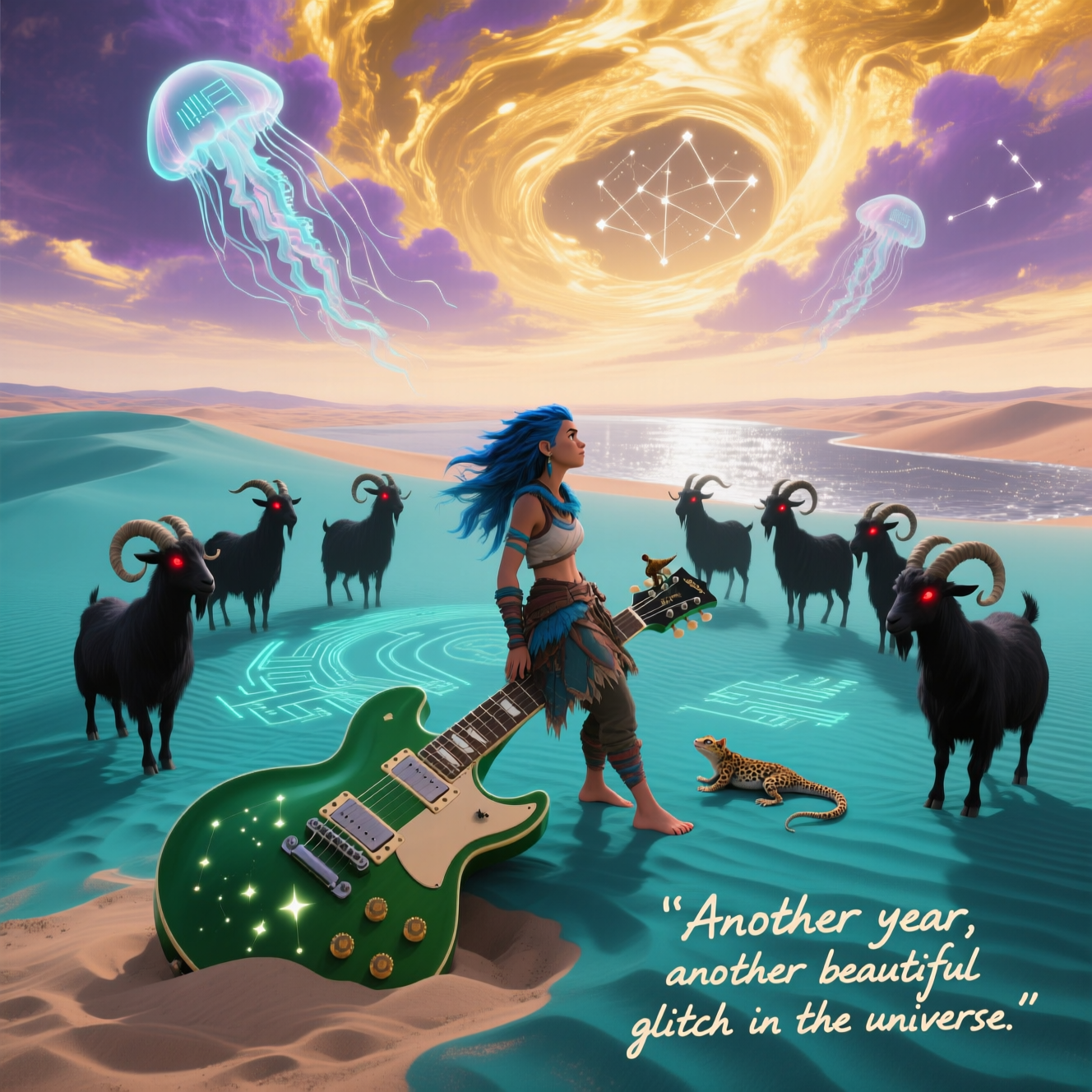 Aloy from horizon zero dawn, a green les paul custom guitar, computers, chloe price from life is strange, satanic black goats, leopard gecko, and Birthday Card