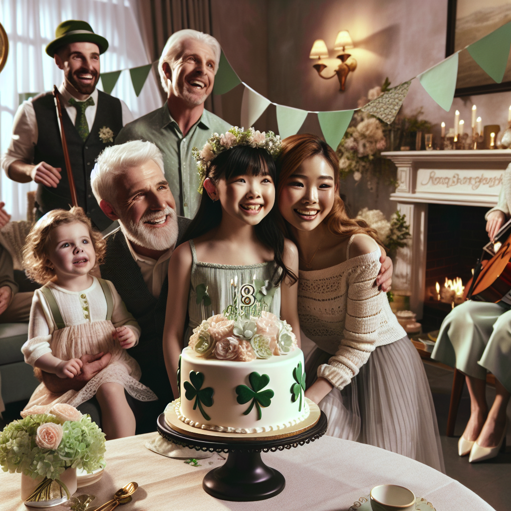 Create an image of a charming birthday scene set in a cozy room with subtle, realistic decorations that evoke a sense of warmth and celebration. Irish music plays softly in the background, setting a light-hearted tone for the event. The Asian birthday girl, their daughter, is exuding joy and is surrounded by family and friends of varied descends such as Caucasian, South Asian, and Middle-Eastern, whose feet are tapping along to the rhythm of the music. The centerpiece of the celebration, a delicate cake adorned with finely crafted shamrocks, sits on a nearby table, completing the festive atmosphere.
Generated with these themes: Irish music, their daughter .
Made with ❤️ by AI.