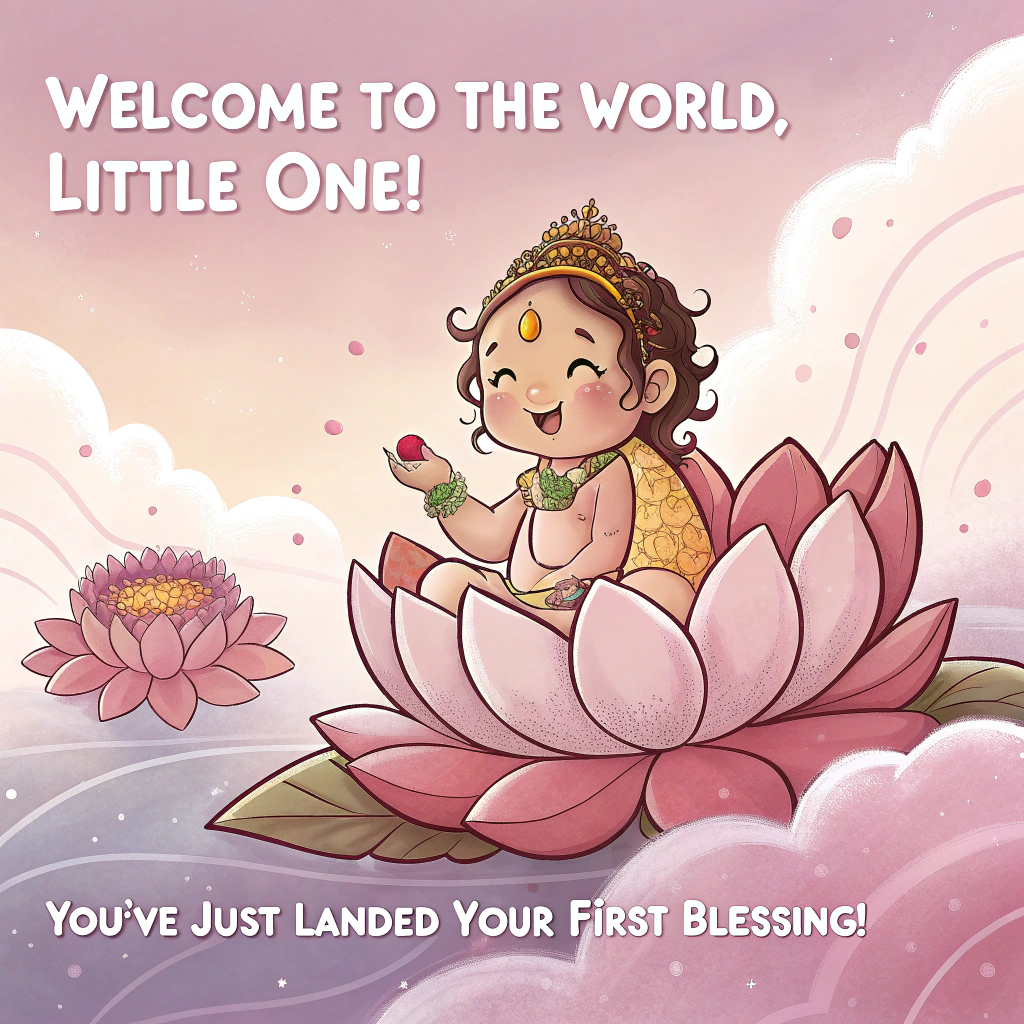 At the top of the image, "Welcome to the World, Little One!"

Add at the bottom of the image, "You've just landed your first blessing!"

- Create a surreal scene with a divine, baby version of Goddess Lakshmi, sitting on a fluffy, oversized lotus made of clouds, showering coins and flowers that float magically in the air. Her chubby cheeks and sparkling eyes add a touch of cuteness and wonder to the ethereal landscape, with gentle pastel tones enhancing the dreamy ambiance.
Generated with these themes: Goddess laxmi image , and .
Made with ❤️ by AI.