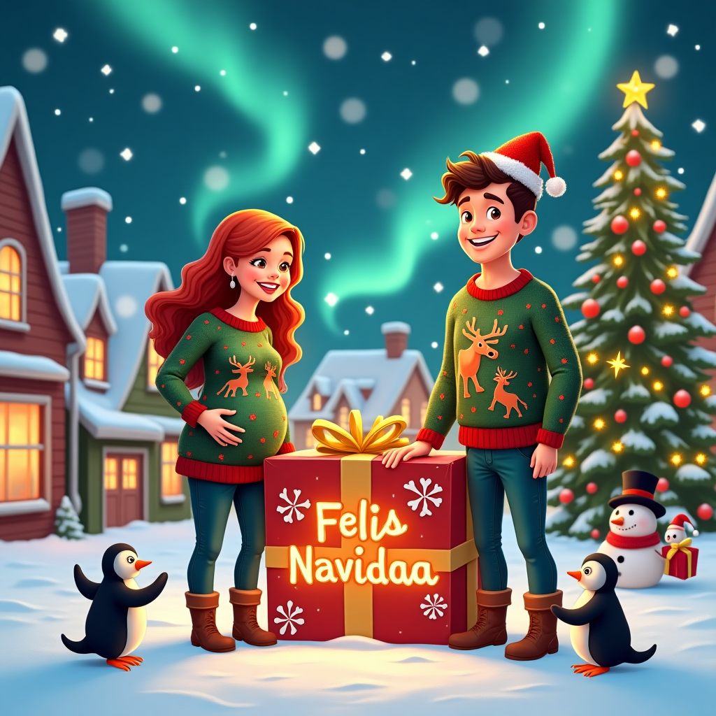 A couple with the woman being pregnany and having red, wavy long hair and the man having brown, wavy, long hair Christmas Card