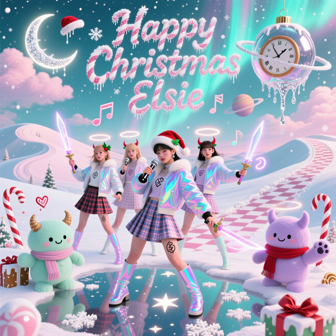 At the top of the Surreal Style image, the text "Happy Christmas Elsie" in hand-lettered, candy-cane striped script, frosted with glittering ice crystals and glowing softly like aurora light

Dreamlike, cute Christmas scene in Dali-inspired surrealism: a pastel winter dreamscape where frosting dunes curl like ocean waves and peppermint checkerboard paths bend upward into the sky. Ethereal rosy-teal light beams drift through cotton-candy clouds; a crescent moon in a tiny Santa hat melts silver tinsel that rains down as sparkling snow. Melting gingerbread clocks drape over giant glass ornaments that orbit like planets; reflections in sugar-glass puddles show an upside-down, starry version of the scene.

Center stage: a 4-member K-pop demon-hunter idol group in dynamic choreography poses, radiant and adorable. Iridescent puff jackets, tartan mini-capes, holographic boots, sequined Santa berets, holly hair clips; shimmering rune stickers on their cheeks and stardust freckles. They wield microphone-scepters and candy-cane blades that sing with light; glowing musical notes spiral from their dance, morphing into snowflakes and haloing them with magical circles.

The “demons” are plush, mochi-soft, pastel critters (mint, lavender, blush) with tiny horns, mitten paws, and cozy scarves—more mischievous than scary. Their giggles float in little bauble-snowglobes conjured by the music; some peek from behind melting gift boxes and marshmallow stalagmites, waving tiny flags shaped like hearts. Shadows stretch into playful antlers and candy bows; ribbons of sound weave through floating gumdrop stars.

Palette: frosted pastels (mint, blush pink, lilac, icy teal) with pops of holly red and warm gold. Lighting: ethereal rim light, soft bokeh snow, pearly glow, gentle volumetric haze. Composition: portrait poster framing with airy space at the top for the greeting, heroes slightly low-angle heroic, swirling ribbons leading the eye. Ultra-cute, whimsical, heartwarming, richly detailed painterly illustration with smooth gradients and soft diffusion.

At the bottom, a small sparkling silver brush-script caption: "Sleigh the demons, drop the beat!"
Generated with these themes: KPOP DEMON HUNTERS, and .
Made with ❤️ by AI.
