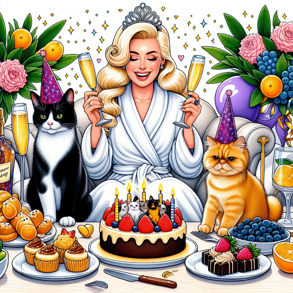 Black and white cat called Elvis, Ginger cat called Ziggy, Like to eat Vegan Food, Likes to drink lots of proscecco, Likes to go to the spa, and Has blonde hair Birthday Card