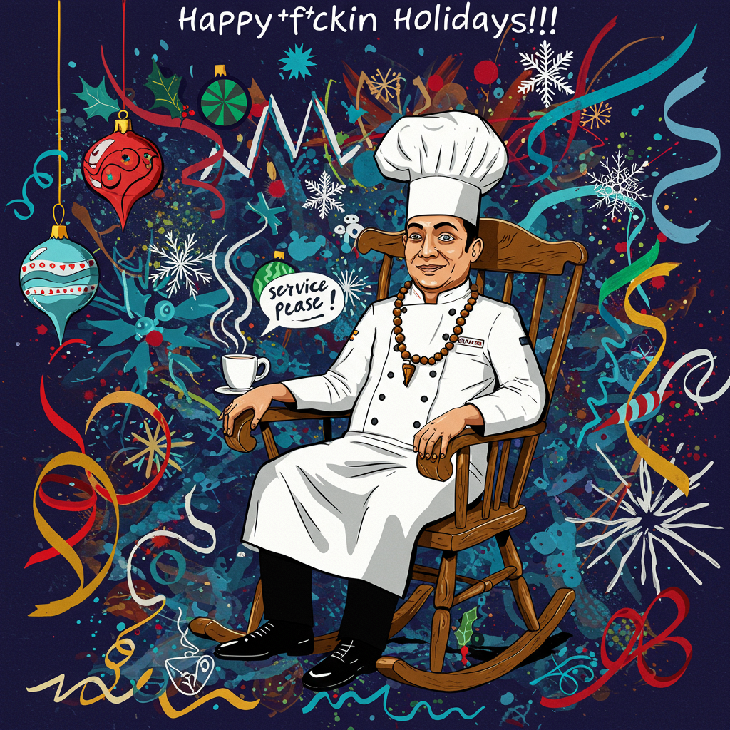 At the top of the Abstract Style image, Happy f*ckin Holidays !!!
A bold, full-bleed abstract holiday scene bursting with high-contrast reds, holly greens, electric teal, midnight blue, frosty white, and warm metallic gold. Dynamic brush-stroke textures slash across the canvas, intersecting with crisp geometric shapes—circles like ornaments, zig-zag candy-cane stripes, starburst snowflakes, and fluid ribbon curves that feel like tinsel in motion.
Center-stage, large and stylized: a slightly tan male chef in a crisp white uniform (no hat), very short black hair, prayer beads draped around his neck, seated in a swoopy, curvilinear rocking chair. Render him with playful, exaggerated features for a humorous vibe—wide, twinkly eyes, one eyebrow cocked, a mischievous half-smile—captured using faceted planes and sweeping curves rather than strict realism. The rocking chair’s looping forms echo the flowing holiday ribbons and sound-wave arcs of laughter swirling around him. Keep the beads clearly visible over the jacket, and emphasize his chef identity with minimal abstracted details (double-breasted buttons, a neat collar, maybe a loose apron fold), but absolutely no hat.
Surround the figure with festive abstract motifs: prismatic snowflake bursts, holly leaf silhouettes, bauble-like spheres, and confetti dots, all popping against deep, inky blues. Add energetic palette-knife strokes, paint splatters, and soft glow halos to heighten contrast and humor. Subtle steam-curl shapes rise from a stylized mug at his side, morphing into tiny snowflakes mid-air.
Small, funny text element: a hand-lettered speech ribbon near his mouth that reads exactly: “service please”. Keep it a single short line, playful lowercase, with a little sparkle or star at the end.
Typography for the headline at the top: large, chunky brush-lettering with rough edges, off-white or gold with a slight shadow, following the exact spacing and punctuation provided. Overall mood: irreverent, festive, modern-abstract, loud and laugh-out-loud. High detail, crisp edges, thick painterly texture, vibrant and punchy lighting.
Generated with these themes: .
Made with ❤️ by AI.