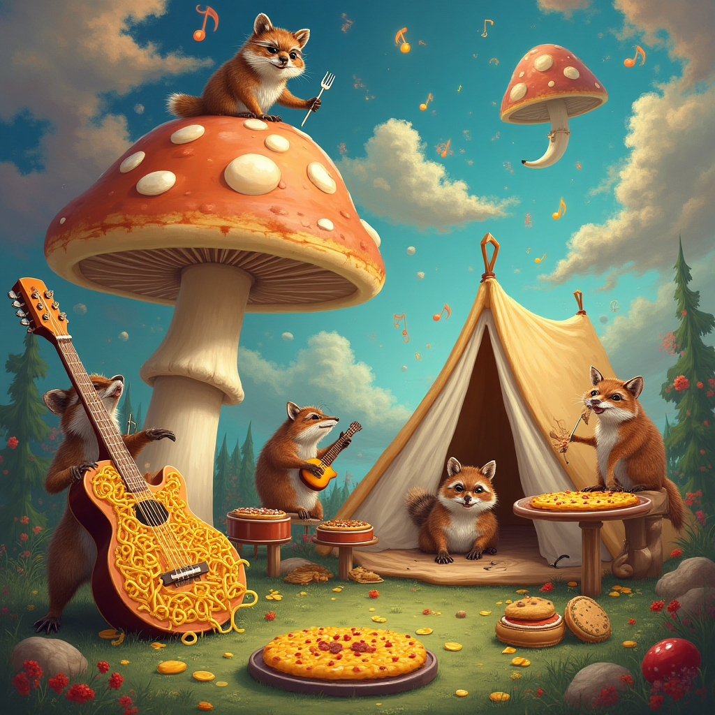 **Prompt for Image:**

Imagine a whimsical camping scene set in a dreamlike forest, where oversized coffee mugs sprout like mushrooms from the ground. The sky is a swirling canvas of vibrant, melting colors, reminiscent of a Dali painting. In the foreground, a giant guitar with strings made of spaghetti noodles leans against a surreal tent crafted from a giant pancake. 

A group of friendly woodland creatures, each with a miniature instrument, orchestrate a fantastical birthday concert. A raccoon plucks the guitar noodles, while a fox taps rhythmically on a drum made from a coffee pot. Above, a whimsical owl, wearing tiny sunglasses, conducts the ensemble with a fork as a baton. 

In the sky, fluffy clouds morph into musical notes, drifting lazily across the horizon. On the ground, mushroom cap tables are adorned with platters of quirky food creations—hamburger macarons and pizza slices made entirely of cheese. 

**Text (Optional):**

"Strum Up Some Fun! It's Your Birthday!"
Generated with these themes: Guitar coffee shrooms camping music food , and .
Made with ❤️ by AI.