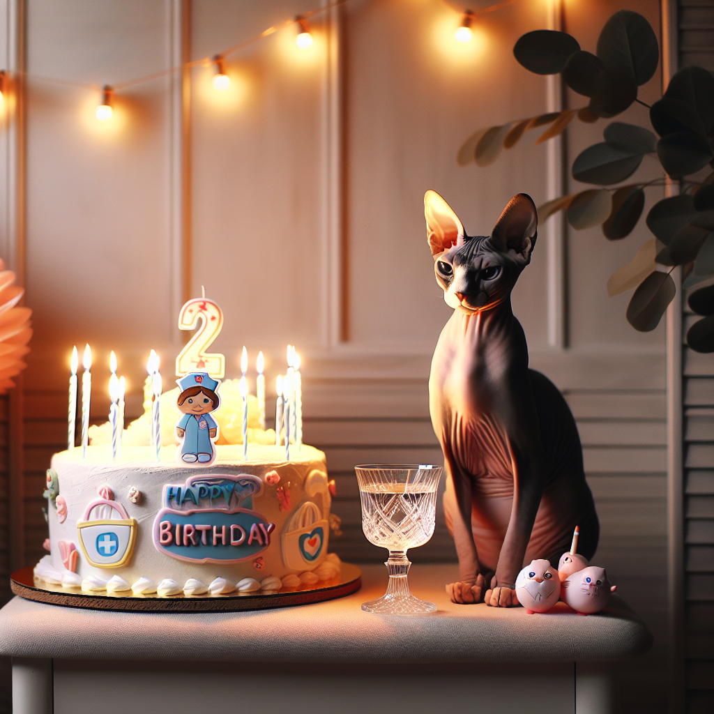 Depict a room corner that's been charmingly decorated for a birthday celebration. The decorations are light but thoughtful, creating an atmosphere that's both endearing and realistic. In the middle of the celebration, a Sphynx cat is sitting proudly, its hairless skin decorated with playful stickers themed around nursing, signifying a nurse's birthday celebration. Beside the cat, there's a crystal-clear glass holding vodka. The glass brilliantly catches and refracts the ambient light, adding a refined touch for the adult attendees. A carefully crafted birthday cake, encircled by the soft glow of candlelight, graces the scene, completing the heartwarming scenario.
Generated with these themes: Sphynx cat, Vodka, and Nurse.
Made with ❤️ by AI.