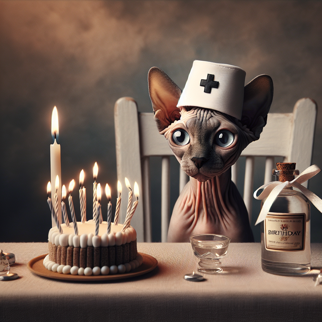 Imagine an enchanting birthday scenario, adding a touch of realism. Focus on a Sphynx cat, whose sheer curiosity is visible in its widened eyes, adorning a minuscule nurse's cap. Adjacent to it is a miniature bottle of vodka, cleverly adorned with a ribbon, merging the elements of playful oddity and jesting reference to grown-up festivities. The table configuration is meticulous, boasting a straightforward yet sophisticated birthday cake. The candles' faint light is mirrored in the cat's delightful gaze, enhancing the celebratory atmosphere.
Generated with these themes: Sphynx cat, Vodka, and Nurse.
Made with ❤️ by AI.