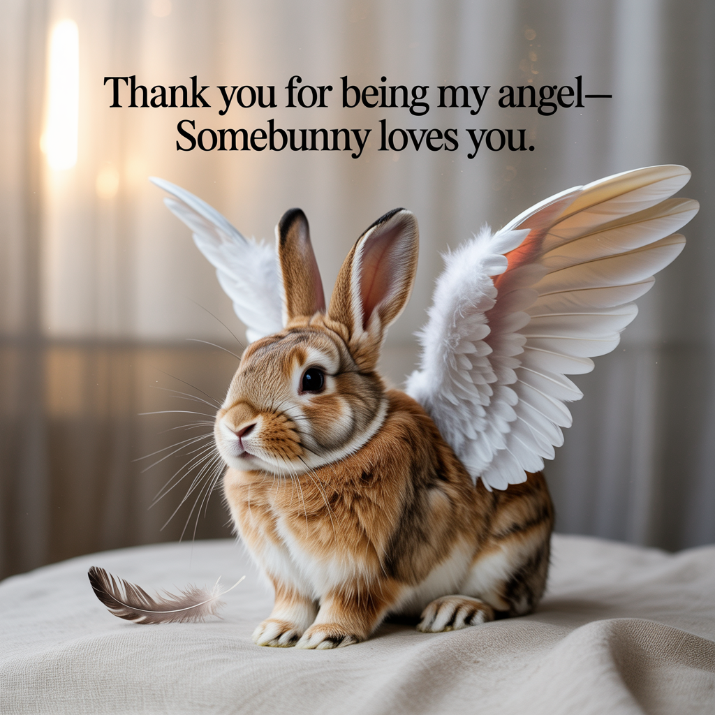 At the top center, large and elegant: “Thank you for being my angel—somebunny loves you.”

- Ultra-real 4K UHD, natural-light portrait of a brown-and-white lop‑eared rabbit with delicate, lifelike white feathered angel wings
- Composition: portrait orientation, eye-level, the rabbit placed in the lower third with generous negative space above for the text; the bunny seated on a soft cream linen cushion; wings slightly unfurled; eyes bright with a clean catchlight; crisp whiskers and velvety fur texture
- Background: airy, softly blurred neutral backdrop (warm ivory to dove grey gradient) with gentle bokeh and faint dust motes, no clutter
- Lighting: golden-hour window light from camera-left, soft diffusion; subtle rim light kissing the wing edges; gentle fill to keep a sincere, warm mood; realistic shadows
- Color palette: warm neutrals and soft whites (cocoa, caramel, ivory, dove), with a quiet glow—no harsh contrast
- Optional subtle detail: a tiny down feather resting on the linen near a paw
- Camera feel: full-frame look with shallow depth of field (85mm lens at f/1.8), ISO 200, 1/500s; natural micro-contrast, minimal grain, high fidelity texture
- Typography: hand-lettered script or refined serif, warm cocoa ink with a soft off-white highlight and a whisper of drop shadow for legibility; single line, centered, clean margins, no additional text or graphics
Generated with these themes: .
Made with ❤️ by AI.