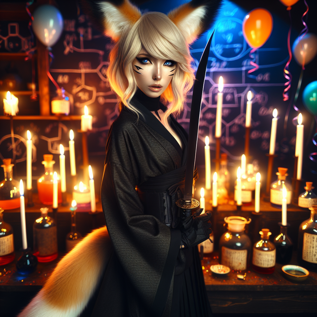 Humanoid androgynous fox female, Fox ears, Fox tail, Ninja, Black kimono, Black katana, Dungeon, Potions, Poisons, Alchemist, Dark fantasy, Assassin , Long blonde side fringe, Short hair, and Black winged eyeliner Birthday Card