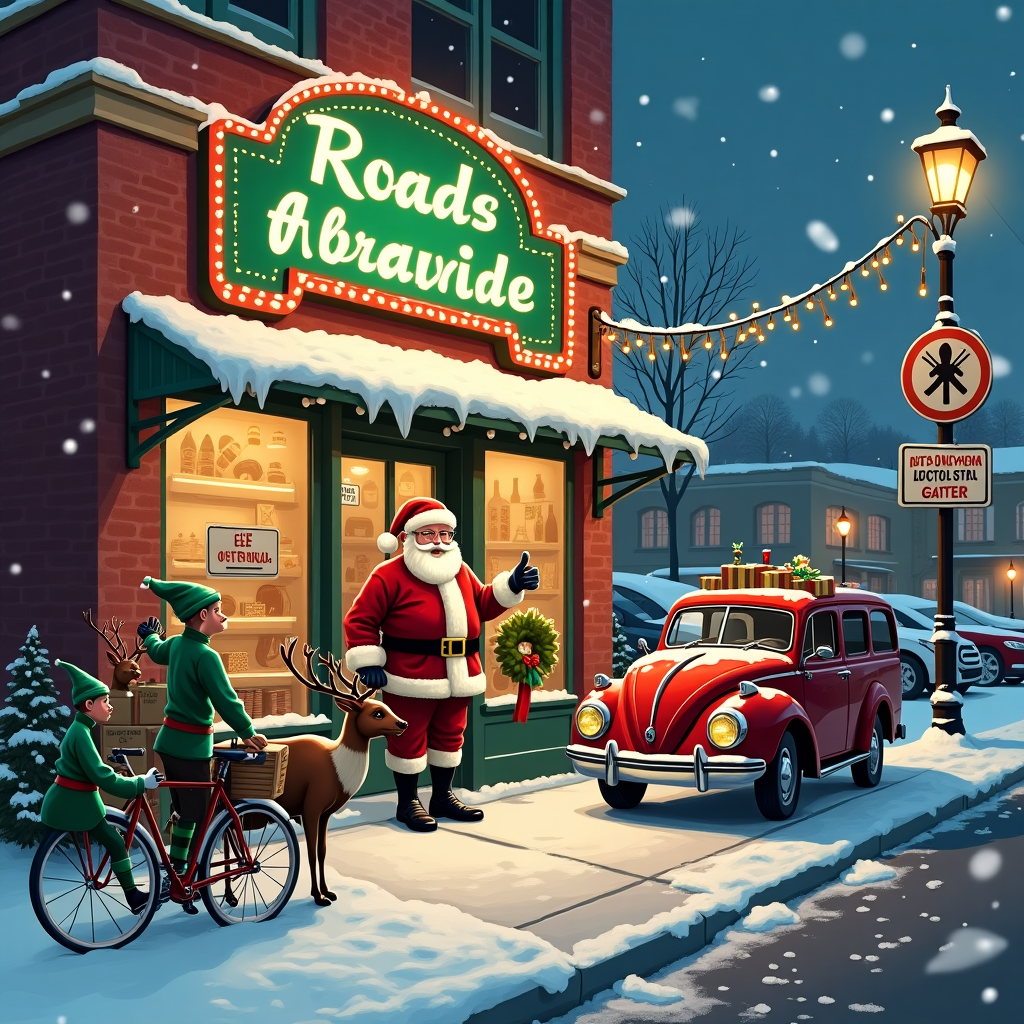 The scene unfolds on a bustling, snow-dusted street corner where the festive spirit intertwines with automotive charm. Nestled amidst twinkling string lights and swirling snowflakes, the "Roads Ahead" Automotive Parts Shop stands with its retro neon sign glowing warmly against the evening sky. Its large display window reveals a treasure trove of gleaming car parts and accessories artfully arranged alongside Christmas decorations like miniature reindeer and sparkling tinsel.

Outside the shop, a whimsical spectacle captures attention: Santa Claus himself, with his iconic red suit and fluffy white beard, stands by his sleigh, which is momentarily parked in a 'No Reindeer Parking' zone. His sleigh, an intricate fusion of traditional wood and polished chrome, gleams under the fairy lights, but curiously, it's missing a sleigh runner, hence the visit. Beside him, a line of vintage and modern cars form an unusual yet endearing backdrop, each dusted with a layer of fluffy snow, showcasing an array of quirky bumper stickers like "Elf Carpool" and "North Pole or Bust."

Elves, clad in their signature green outfits with candy cane-striped stockings, buzz around enthusiastically. One holds up a shiny replacement sleigh runner, waving it in the air as another checks off items on a clipboard. Nearby, a parcel-laden bicycle, festooned with holly, leans against the shop's red brick wall, hinting at a holiday delivery in progress. Overhead, reindeer equipped with tiny headlamps restlessly paw at the snow, their noses aglow like Rudolph's. This heartwarming tableau invites the viewer into a whimsical world where the mechanical meets the magical, celebrating the holiday spirit with a creative twist.
Generated with these themes: Automotive parts shop with sign saying Roads Ahead, Parcels, Santa on sleigh, Cars, and Santa pulled outside shop getting a part for his sleigh.
Made with ❤️ by AI.