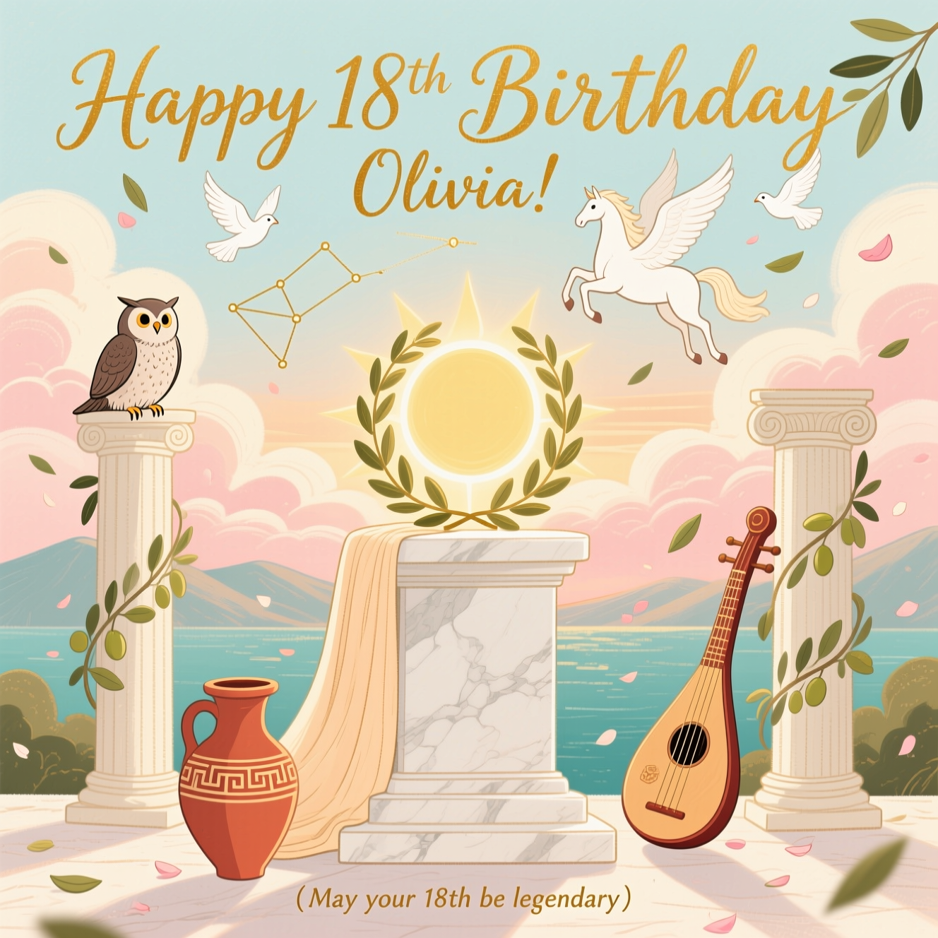 At the top of the Illustration Style image, Happy 18th Birthday Olivia!

Hand-drawn illustration with fine linework and textured brush strokes, balanced and serene. A sincere, luminous Mount Olympus scene: at center, a sun-kissed marble pedestal draped with flowing fabric, crowned by a glowing laurel wreath. Flanking the pedestal, an Ionic column and a Corinthian column are gently entwined with olive branches. Athena’s small owl rests on the left capital; Apollo’s lyre leans at the right. A warm apricot-and-blush dawn breaks behind softly rolling clouds, where faint constellations outline a lyre and laurel sprigs. Pegasus glides high above as white doves circle, while olive leaves and petals drift like quiet confetti. A terracotta amphora with Greek meander patterns sits in the foreground. Full-bleed portrait composition, no borders, subtle paper grain visible, gold-ink accents that catch the light, calm and heartfelt mood.

Title text styling: the top line is hand-lettered in a classical serif, warm gold with delicate laurel flourishes, integrated into the sky so it feels part of the scene.

Small caption at the bottom (single short line, understated, sincere): May your 18th be legendary.

Color palette: honey gold highlights, ivory marble, terracotta reds, olive greens, sea-green accents, and a warm apricot-to-rose sky; gentle vignetting and soft, expressive shading.
Generated with these themes: Greek and roman mythology, and .
Made with ❤️ by AI.