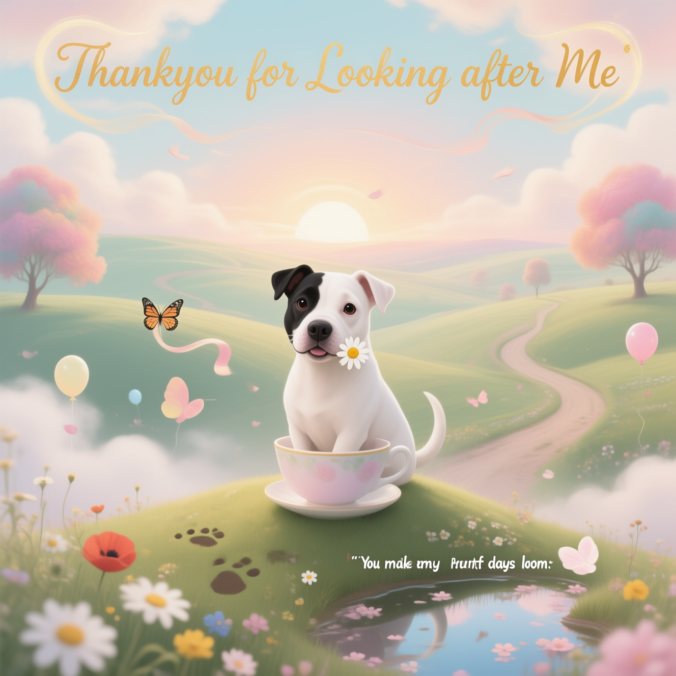 At the top of the Surreal Style image, Thankyou for Looking after Me 

Dreamlike, Dali-esque countryside at sunrise, painted in soft pastels (mint, blush, buttercream, sky-peach) with ethereal rim light; rolling velvet hills curl into ribbons, and candy-colored trees gently melt into drifting cloudbanks. Center stage: an irresistibly cute white Staffordshire bull terrier with a black patch over the left eye (dog’s left, viewer’s right), bright trusting eyes and a soft smile, sitting atop a grassy knoll shaped like a teacup; it holds a small daisy in its mouth, while its wagging tail unfurls into a winding country lane that loops through the trees. Wildflowers—daisies, poppies, buttercups—sprout from pawprints and float as tiny balloon-blooms; a ribbon river lifts into the air, butterflies made of petals drift by, and puddles mirror a sky full of blossoms as if portals. Painterly brushstrokes, soft vignette, shallow depth-of-field: foreground flowers gently blurred, the pup crisp, background in pearlescent mist. Arrange a soft halo of drifting petals and cloud-ribbons to frame the top text; render that title in cloud-kissed script with a faint golden glow for readability. Add a tiny, cheeky caption on a floating petal near the bottom-right: “You make my ruff days bloom.”
Generated with these themes: White staffy with left side of face black patch , Flowers ,, Trees , Countryside, and .
Made with ❤️ by AI.
