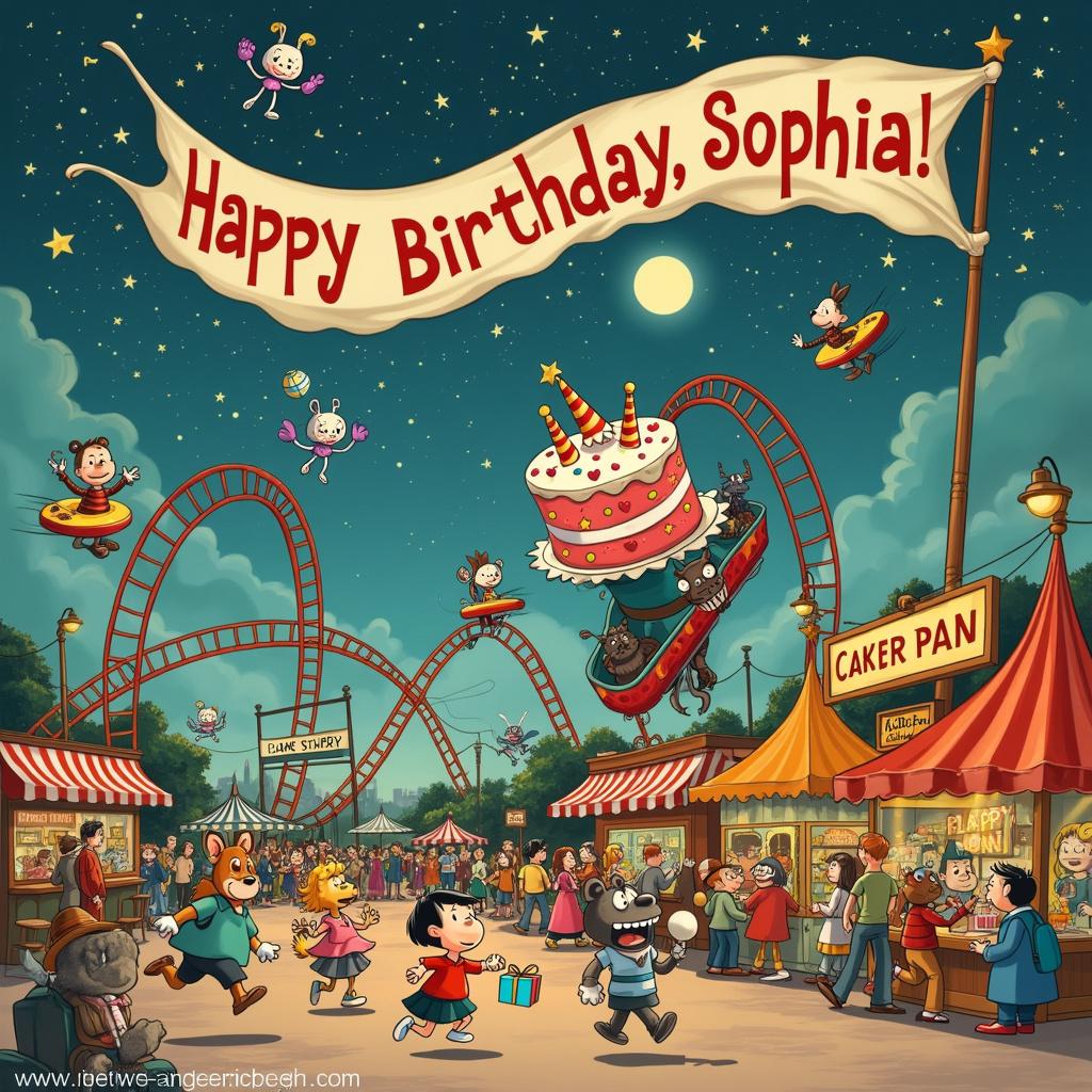 Imagine a bustling and whimsical birthday scene set in an enchanted amusement park, where nostalgia meets absurdity. In the foreground, a charming line of diverse cartoon animals—featuring a hippo in a tutu and a monocle-wearing raccoon—awaits their turn for a roller coaster ride. Each character is depicted with the expressive charm reminiscent of Charles Schulz's Peanuts, while bursting with the vibrant colors and playful details that echo the joy of Walt Disney's early animations. 

The roller coaster itself is a zany creation, twisting through the sky like something out of Winsor McCay's Little Nemo in Slumberland, with its cars crafted to resemble giant birthday presents, each wrapped in bright paper and trailing ribbons as they zip by. To the left, a whimsical, anthropomorphic cake styled in the quirky fashion of Gary Larson's The Far Side hilariously chases a group of giggling children; their faces radiate pure joy and mischief, reminiscent of Calvin and Hobbes. This cake, complete with licorice stick limbs and a frosting-covered grin, epitomizes the playful spirit of the celebration.

In the background, colorful, futuristic floats glide down a street lined with whimsical booths, reminiscent of Osamu Tezuka's Astro Boy. Each booth is animated by quirky comic characters—a Sherlock Holmes-style dog with a deerstalker hat and a cat chef flipping pancakes are among them. Above this lively scene, a massive banner proclaiming "Happy Birthday, Sophia!" flutters through the air, carried by flying robots with propellers for hands, echoing the mechanical aesthetics of R. Crumb's underground comix. Adorned with sparkles and stars, the banner adds an enchanting touch to the birthday festivities.

The sky casts a rich twilight blue, dotted with twinkling stars and a large, friendly moon, styled in the way of Hergé’s Tintin illustrations, where the name "Sophia" is artfully spelled out among the constellations, bringing an additional celestial charm. To the right, a playful treehouse, shaped like a giant ice cream cone, sits high up in a tree, its candy cane ladders teeming with children climbing to reach heights of adventure, channeling Bill Watterson’s imaginative realms. This delightful treehouse is festooned with balloons, prominently featuring Sophia's name.

All around, the scene is framed with comic panels inspired by Will Eisner’s The Spirit, each revealing different mini-adventures occurring within the amusement park, from a squirrel band serenading an audience to a dinosaur serving cotton candy. This delightfully chaotic yet intricately detailed birthday scene encompasses the playful spirit of a child's celebration, with "Happy Birthday, Sophia!" woven seamlessly throughout. 

Made with ❤️ by AI. 
Generated with these themes: fantasy, nostalgia, celebration.
