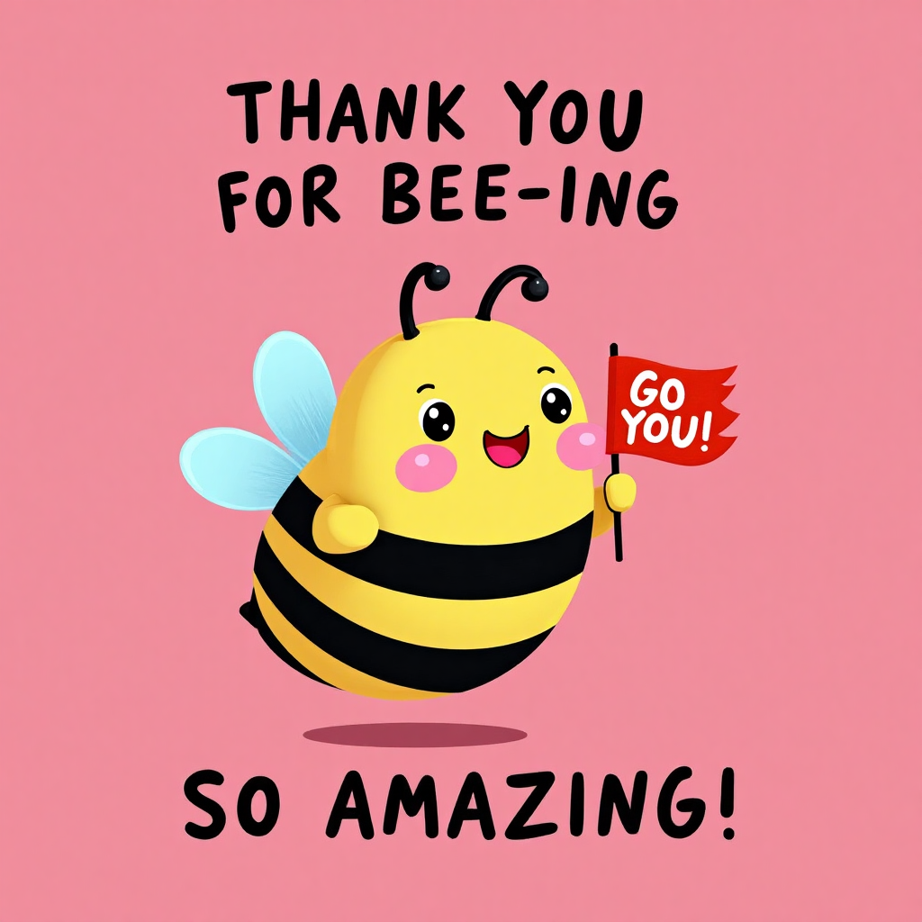 **Image Prompt:**

A cheerful, plump cartoon bee hovers in the center of a vibrant pink background. Its yellow and black striped body is accentuated with rosy cheeks and a wide, joyful smile. The bee's white eyes sparkle with excitement, and its thin, curly antennae add a touch of whimsy. Light blue, translucent wings flutter behind it as it proudly holds a small red banner with "GO YOU" in bold white text. Above the bee, in playful, bold black letters, is the phrase "THANK YOU FOR BEE-ING." Directly below, completing the heartfelt message, are the words "SO AMAZING," also in bold black letters. The image radiates warmth and joy, perfect for expressing gratitude with a smile.
Generated with these themes: Bumble bees, and .
Made with ❤️ by AI.
