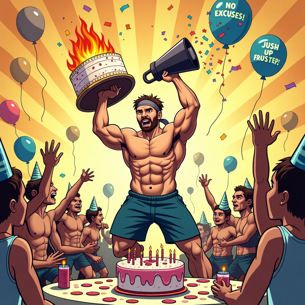 **Prompt for Illustration Image:**

At the top of the illustration image, **“Happy Burpee-Day, Tom — Now Stay Hard & Party Harder!”**

A hilariously intense cartoon-style illustration of ultra-motivated David Goggins in full beast mode — sweatband on, shirt off, veins popping, and mid-sprint while holding a giant, flaming birthday cake overhead like it's a kettlebell. He's yelling motivation into a party megaphone that shoots out glitter and confetti. Behind him, confused party guests in birthday hats struggle to keep up with him doing push-ups, squats, and burpees around the cake table. Balloons float nearby with slogans like “No Excuses, Just Cake” and “Embrace the Frosting.” All in a vibrant, colorful, over-the-top illustration style with tons of cheeky visual details that blend hardcore workout culture with classic birthday chaos.
Generated with these themes: David Goggins wishing you a happy birthday and to 'stay hard'.
Made with ❤️ by AI.