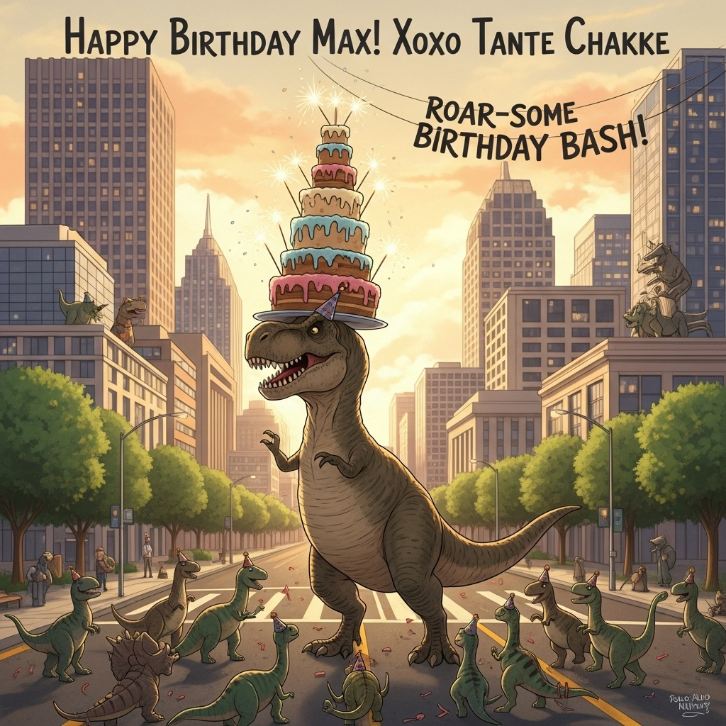 At the top of the Illustration Style image, "Happy birthday Max! Xoxo Tante Chakke".
**Image Description:**
Picture a delightful scene set in the bustling city of Palo Alto, where the modern skyline meets the wild, prehistoric past. In the foreground, a towering dinosaur, whimsically adorned with a colorful party hat, is playfully balancing a gigantic birthday cake on its snout. The cake is an extravagant tower of sugary layers, each one a different pastel hue, topped with sparklers fizzing joyfully into the sky.
The dinosaur, a friendly-looking Tyrannosaurus Rex, seems to be in the midst of a dance, its stubby arms raised in celebration. Around its feet, a playful gathering of miniature dinosaurs, each with their own tiny party hats, are engaged in a merry birthday jig. The streets of Palo Alto are depicted with a playful twist—imagine iconic Silicon Valley buildings comically adapted to accommodate the jubilant prehistoric guests.
The scene is bathed in the warm, golden hues of a setting sun, casting a charming glow over the festivities. Above this cheerful gathering, a banner whimsically strung between two skyscrapers reads: "Roar-some Birthday Bash!"
Generated with these themes: Birthday cake, Dinosaur , Palo alto city , and .
Made with ❤️ by AI.