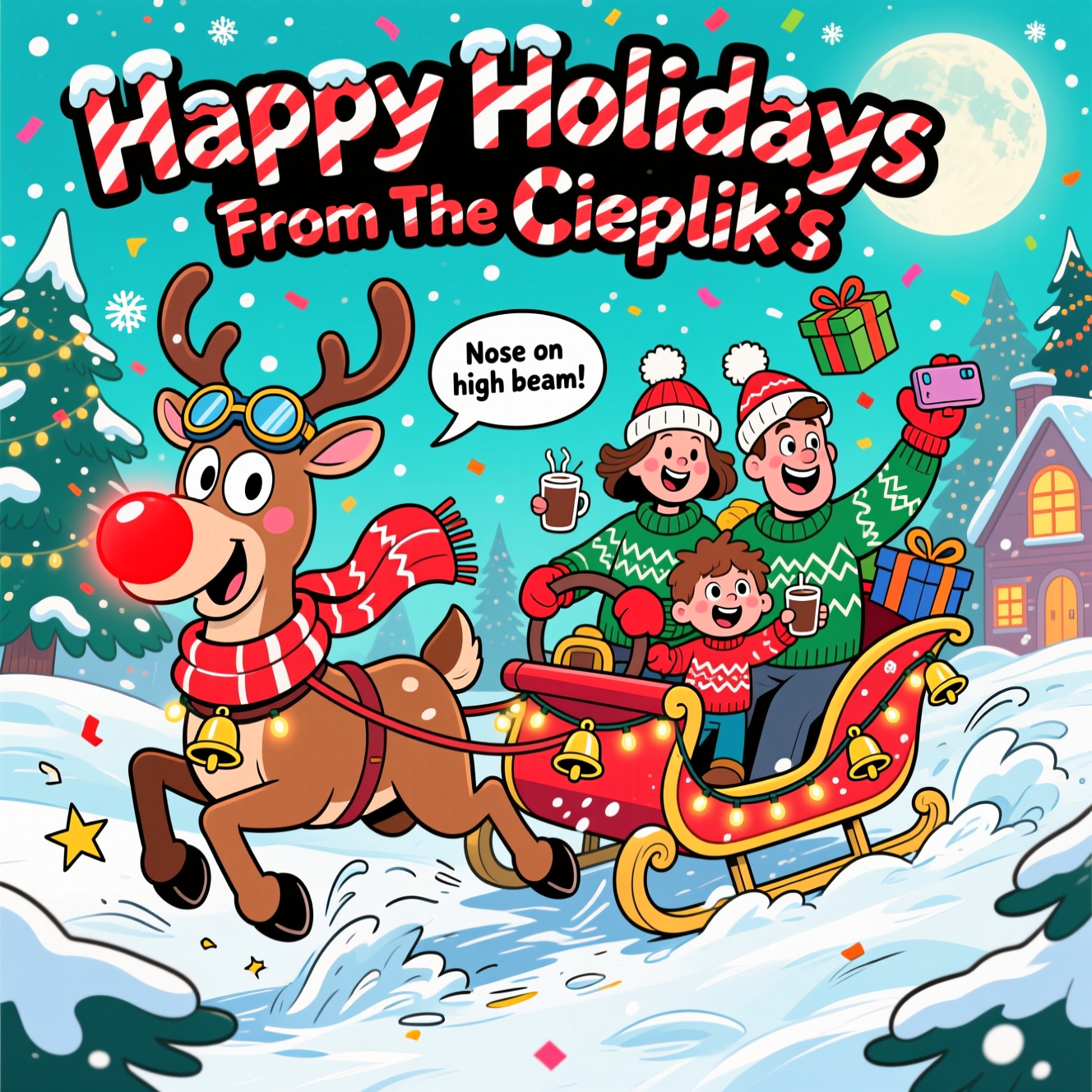 Family in a sleigh with Rudolph pulling the sleigh , and Christmas Card