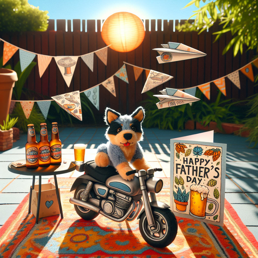 A jovial Father's Day themed illustration is set in a sunlit backyard. A plush toy, visually similar to a blue heeler puppy, sits confidently on a miniature motorbike on a warm vividly colored rug. The rug is decorated with patterns that mimic the essence of a classic sports car. A small table next to the motorbike holds two stylized beer bottles with lively labels, beside a handcrafted greeting card that exclaims 'Happy Father's Day'. Hand-drawn paper planes, adorned with the images of hop leaves and barley, curve through the bright sky above, symbolizing relaxation and the essence of fatherhood.
Generated with these themes: Bluey, Motorbikes, Jaguar XJ, and Beer.
Made with ❤️ by AI.