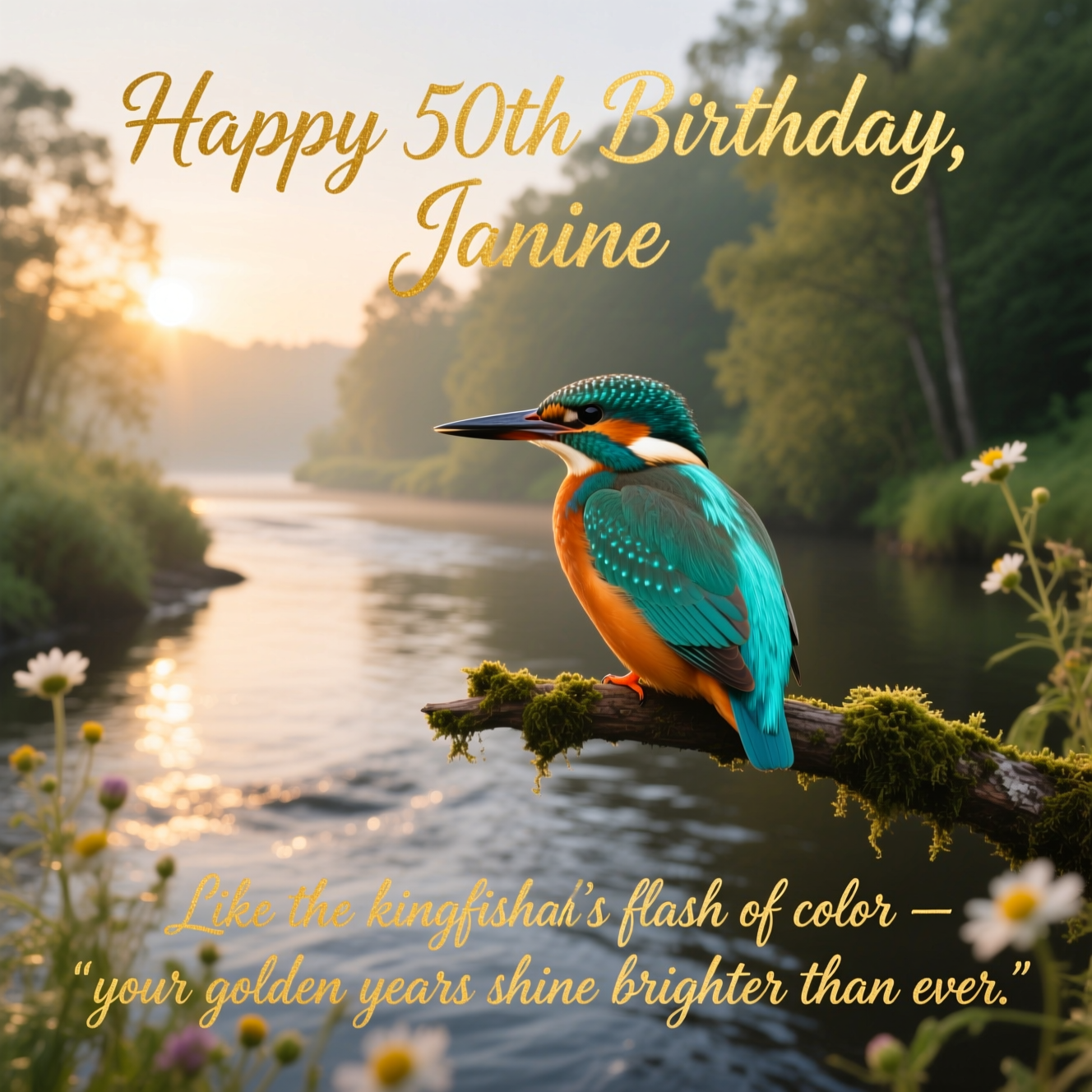 Kingfisher bird, Nature, 50th, Gold text, and Birthday Card