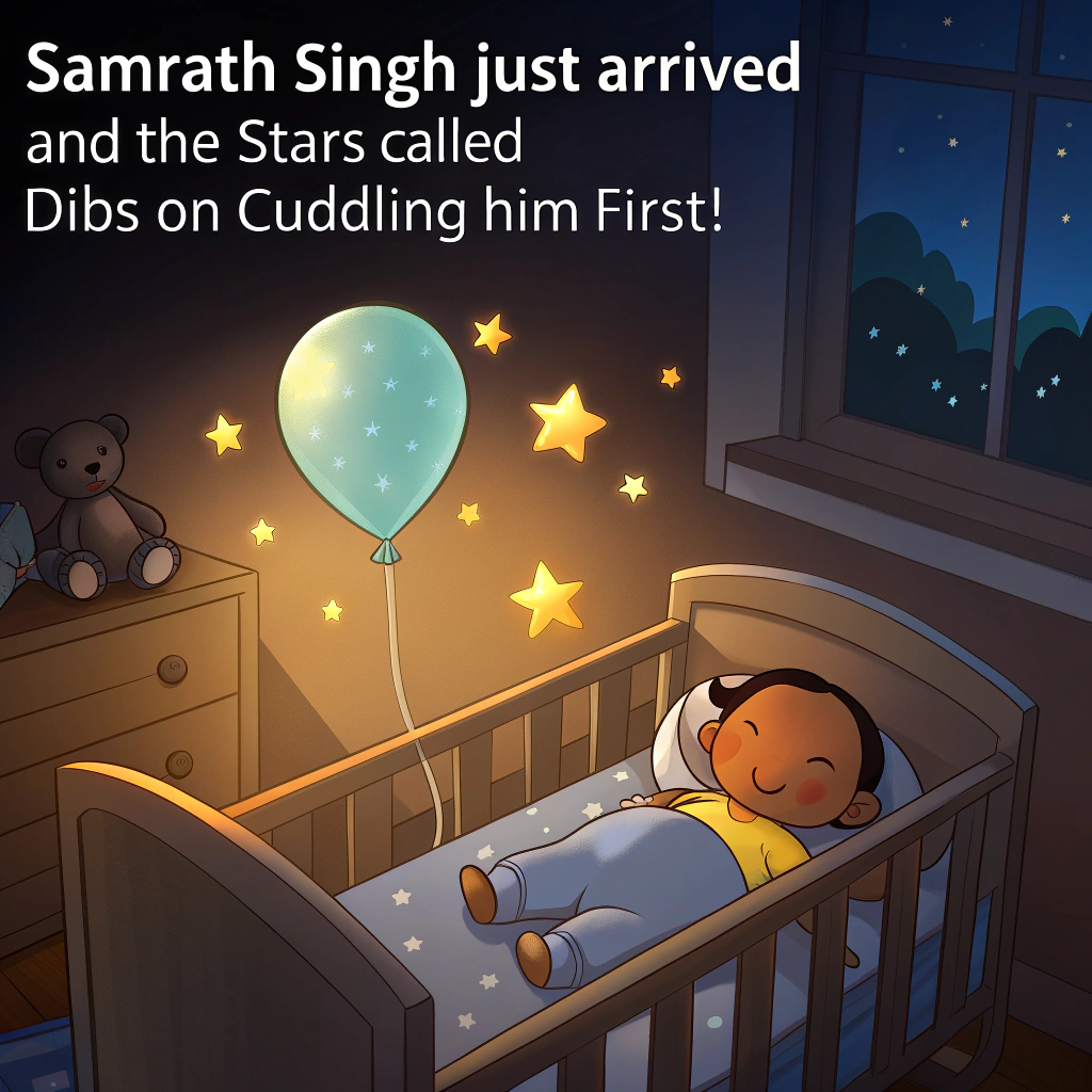 At the top of the image, "Samrath Singh just arrived—and the stars called dibs on cuddling him first!"

— Create a solemn, tenderly lit realistic photograph:
- A softly lit nursery at twilight, glowing with the amber hush of early evening.
- A baby boy (representing Samrath Singh) lies peacefully in a crib adorned with a gentle scattering of cartoon-style golden stars that subtly glow.
- A plush teddy bear rests beside him, as if keeping watch.
- Floating just above the crib, a pale blue balloon gently bobs with “Welcome, Little Star” handwritten in delicate cursive on its side.
- In the corner, a wall mural painted in a soft illustrative cartoon style shows a sleepy moon and smiling stars looking down protectively.
- Everything in the room—colors, textures, light—conveys warmth, new beginnings, and quiet celebration.
Generated with these themes: Baby , Ballon , Teddy, Stars, and Cartoons.
Made with ❤️ by AI.