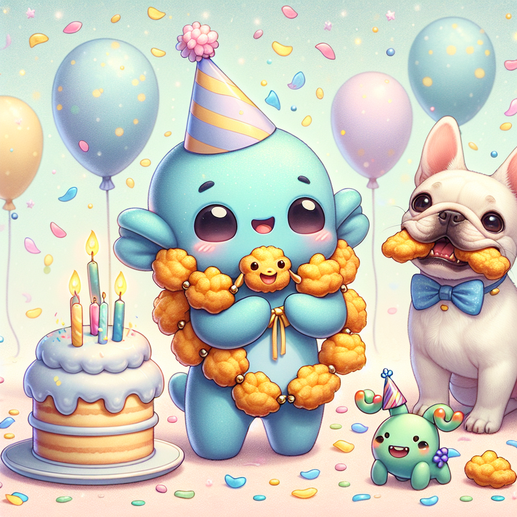 Stitch, Chicken Nuggets, White French Bulldog, and Baby Groot Birthday Card