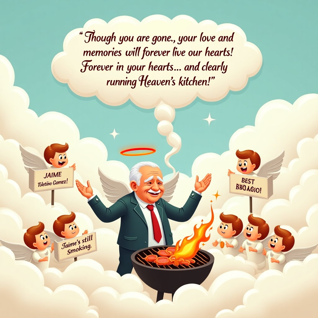 **Image Prompt:**

An illustration of a heavenly park in the clouds where a dapper older man, labeled "Jaime Tolentino Gomez" with angel wings, is hilariously struggling to operate a giant celestial barbecue grill—accidentally lighting a halo on fire. Nearby, a group of smiling cartoon-style angels (some resembling his friends and family) are laughing and holding up signs that say “Best BBQ in Heaven!” and “Jaime’s still smoking!” Above him, a fluffy cloud banner floats with elegant lettering that reads:  

*“Though you are gone, your love and memories will forever live in our hearts. Forever in our hearts... and clearly running Heaven’s kitchen!”*

Soft pastel colors and gentle clouds make the image warm and whimsical, mixing heartfelt remembrance with light-hearted charm.
Generated with these themes: In Loving Memory Jaime Tolentino Gomez January 17, 1949 – May 13, 2025  “Though you are gone, your love and memories will forever live in our hearts.”  Forever in our hearts..
Made with ❤️ by AI.