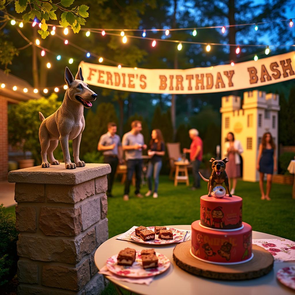 The scene is set in a suburban garden festooned with colorful lights and birthday paraphernalia. In one corner, a sandstone podium holds a realistic Bull Terrier statue, which clutches a bottle of Castle Light Beer in a welcoming pose. Overhead, a giant banner featuring 'FERDIE's Birthday Bash' in block letters stretches across the garden, while a circular table displays a three-tier birthday cake topped with a miniature BBQ grill and Bull Terrier figurine. Guests mingle, holding plates with bite-sized BBQ treats as they chuckle at the cleverly designed napkins featuring caricatures of Ferdie with his beloved Bull Terrier. In the background, a cardboard cutout castle serves as a photo booth, complete with props like foam swords and beer mug hats.
Generated with these themes: Bull Terrier, Castle light Beer, and BBQ.
Made with ❤️ by AI.