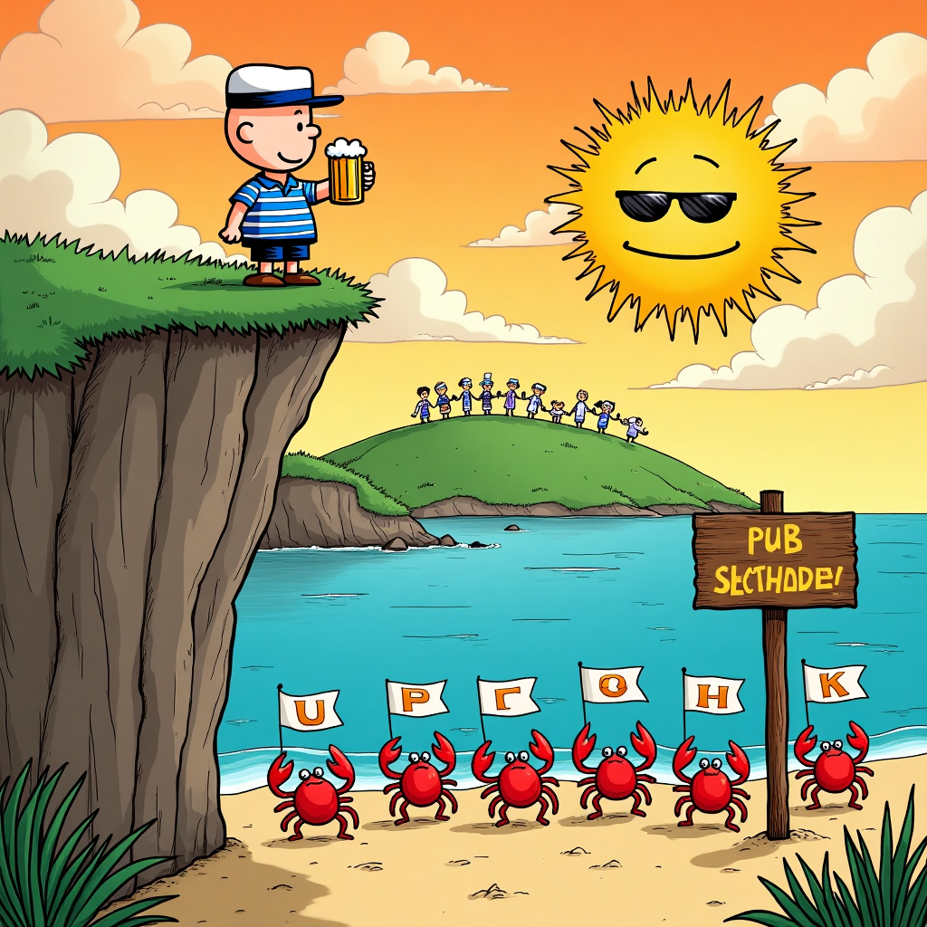 In the whimsical scene of "John's Seaside Birthday Adventure," the card unfolds like a mini comic strip inspired by the playful spirit of Bill Watterson and the vibrant storytelling of Hergé. The foreground depicts John, a jolly, round-bellied character reminiscent of Charlie Brown, standing at the edge of a picturesque seaside cliff. He's donned in a striped shirt and a sailor's hat, clutching a frothy pint of beer in one hand. To his right, a wooden signpost humorously labeled "Pub Peak" points towards the horizon, suggesting that this seaside cliff is an unusual hybrid of a pub and a hilltop. Below the cliff, a calm azure sea laps at the shore, where a line of cartoonish crabs, each with a tiny mug of beer, is engaged in a lively conga line. 

In the background, a lush green hill unfurls, dotted with tiny caricatured hikers who wave mini flags spelling out "HAPPY BIRTHDAY JOHN" in bold, colorful letters. Above them, seagulls in the style of Gary Larson's Far Side, sport sunglasses and chat animatedly amongst themselves, as if discussing the antics below. The sky is a vibrant gradient of oranges and purples with clouds swirling to form the letters of John's name subtly but clearly, as though nature itself is in on the celebration. A large, grinning sun wearing oversized novelty sunglasses looms over the scene, a nod to Winsor McCay's fantastical touches, casting playful shadows across the sandy beach. Amidst the humor and chaos, the scene is alive with detail, capturing a unique birthday moment that fuses the unexpected with the charmingly mundane.
Generated with these themes: Seaside, pub, beer, walking in the hills.
Made with ❤️ by AI.