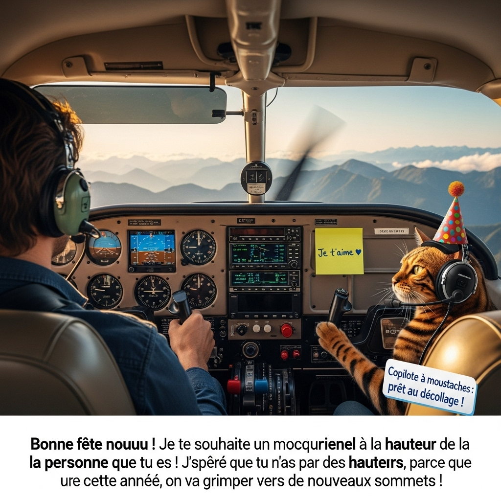 At the bottom of the Photorealistic picture taken from a camera image, Bonne fête nouuu ! Je te souhaite un moment exceptionnel à la hauteur de la personne que tu es ! J’espère que tu n’as pas peur des hauteurs, parce que cette année, on va grimper vers de nouveaux sommets !

Ultra-real, 4K UHD, candid cockpit scene inside a Cessna 172 in flight. Over-the-shoulder view from the back seat: a brown-haired pilot (châtain) seen from behind, hands on the yoke, headset on, looking ahead. In the right seat, a Bengal cat as the cheeky co-pilot, wearing a tiny aviation headset and a small party hat at a jaunty angle; one paw lightly touches the yoke. On the instrument panel, a yellow Post-it note clearly visible with handwritten “je t’aime ❤️❤️” in blue ink, slightly curled corner. A small, witty label sticker on the panel near the cat reads: “Copilote à moustaches: prêt au décollage !” The Cessna’s classic gauges and Garmin stack are crisp; windshield struts and rivets visible. Outside the windscreen: sunlit mountain peaks and fluffy clouds, with a sense of altitude and adventure; gentle golden-hour light streams in, soft reflections and subtle lens glare on the glass. Lifelike textures: worn yoke, seat fabric weave, Bengal fur rosettes, fine scratches on the panel. Shallow depth of field: pilot’s hair, cat, and Post-it in sharp focus; distant scenery slightly softened. Natural color grading, rich contrast, realistic shadows. Shot on a full-frame camera, 35mm lens, f/2.8, ISO 100, portrait orientation—ample breathing room at the bottom for the headline text, clean legibility with a subtle drop shadow. Funny, warm, and heartwarming mood.
Generated with these themes: Pilote d’avion châtain de dos, Cessna 172, Post-it écrit: je t’aime ❤️❤️, Bengal, and .
Made with ❤️ by AI.