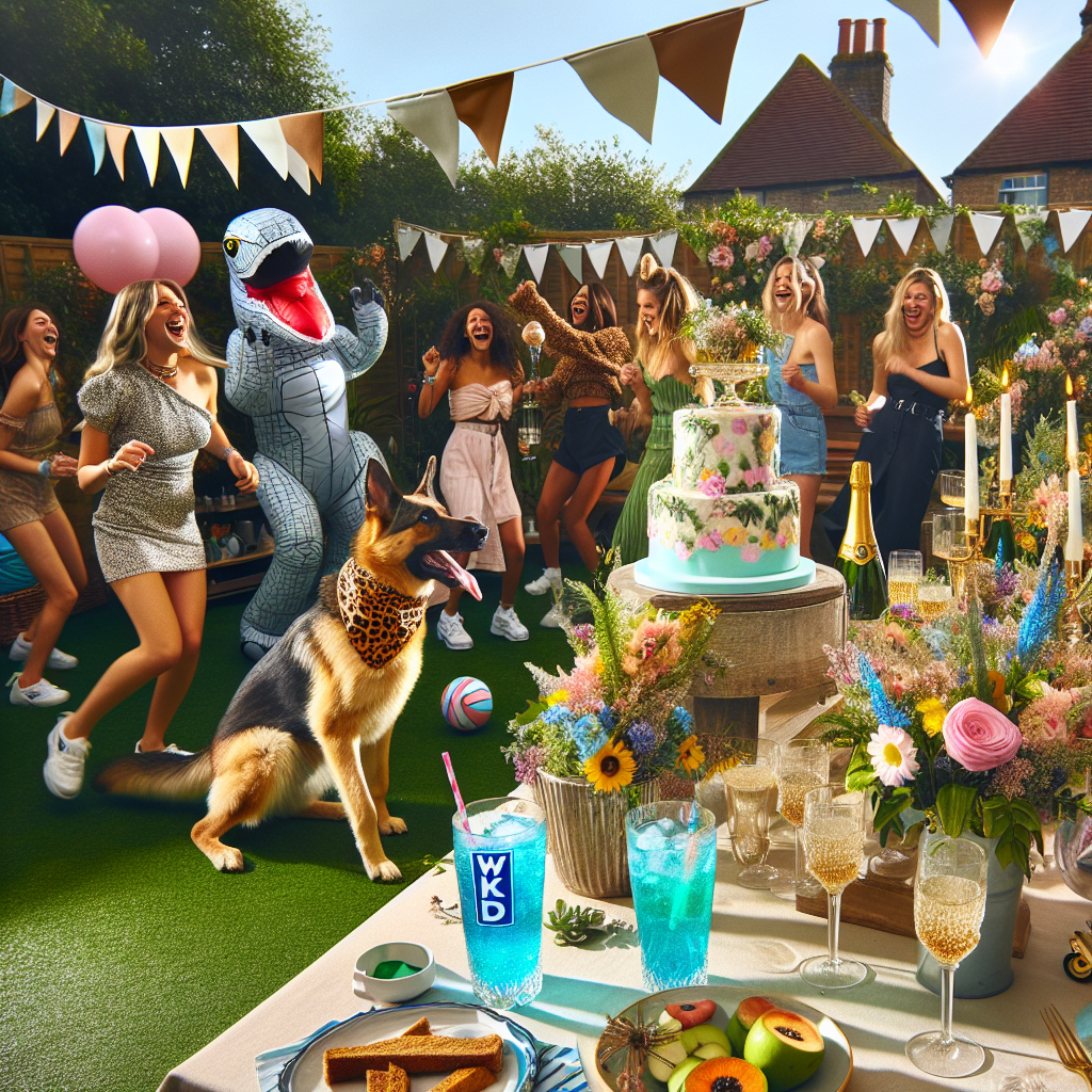 Envision a lively, paradise-like backyard adorned for a birthday celebration with a whimsical twist. A German Shepherd dog frolics around, wearing an animal print scarf, amidst dancing guests grooving to an upbeat rhythm. An exciting game of netball is happening, with the ball occasionally ricocheting off a person in an inflatable dinosaur costume. The focal point of the party is an elegant birthday cake, surrounded by wildflowers and champagne flutes filled with bubbling champagne. A table nearby is loaded with Wkd Blue drinks matching the sky's color, and other indulgent beverages like strawberry daiquiri and apple sours. In the atmosphere imbued with mirth, best friends who are also bridesmaids laugh heartily, exemplifying the ceaseless joy of the celebration.
Generated with these themes: German shepherd , Wkd blue, Dancing , Netball , Birthday cake, Flowers, Dancing , Animal print , Inflatable costumes , Champagne , Strawberry daiquiri , Fun, Best friends , Bridesmaids, and Apple sours.
Made with ❤️ by AI.