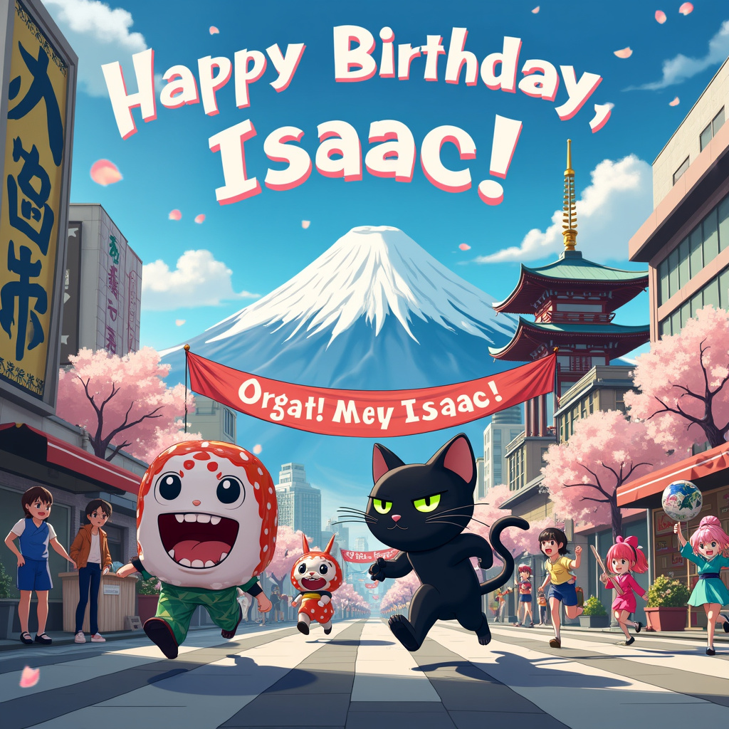 Alright, let's dive into this whimsical birthday adventure for Isaac!

The scene takes place in a vibrant, bustling street in Tokyo, teeming with elements of traditional and modern Japan. The sky is a crisp blue, peppered with fluffy white clouds that spell out "Happy Birthday, Isaac!" in a playful, bubbly font.

In the foreground, a sleek black cat with gleaming green eyes and a mischievous grin is sprinting down the street. The cat is carrying an X-box controller in its mouth, as if it's just swiped it from somewhere. This feline is clearly on a mission, its fur bristling with determination.

Just behind the cat, a lively parade is happening. At the front of the parade is a giant, inflatable sushi roll with legs, happily dancing and twirling. The sushi roll is adorned with colorful fish slices and topped with a small flag that reads "Birthday Sushi for Isaac!"

Running alongside the cat, we have anime-style characters dressed in vibrant kimonos, with oversized, expressive eyes. One of them, a girl with long, flowing pink hair, is holding up a banner that stretches across the width of the street. The banner is adorned with anime-style artwork and reads "Isaac's Epic Anime Adventure!"

Further back in the scene, we see a traditional Japanese pagoda, its intricate architecture contrasting beautifully with a massive electronic billboard displaying an intense X-box game scene, complete with futuristic, robotic characters mid-battle. The billboard flashes "Happy Birthday, Isaac!" in a dynamic, glowing font.

Peppered throughout the street are stalls and small shops with signs written in both Japanese and English, selling everything from ramen to anime merchandise. One stall has a large, happy sumo wrestler mascot holding a platter of sushi, offering a piece directly to Isaac.

In the background, we catch a glimpse of Mount Fuji, majestic and serene, with a light dusting of snow on its peak. Beneath it, cherry blossom trees are in full bloom, their petals fluttering gently in the breeze.

This scene is a delightful mash-up of cultural elements, with each detail carefully designed to celebrate Isaac's special day in a fun, quirky, and unforgettable way.
Generated with these themes: Black cat, Running, X box, Japan, Sushi , and Anime.
Made with ❤️ by AI.
