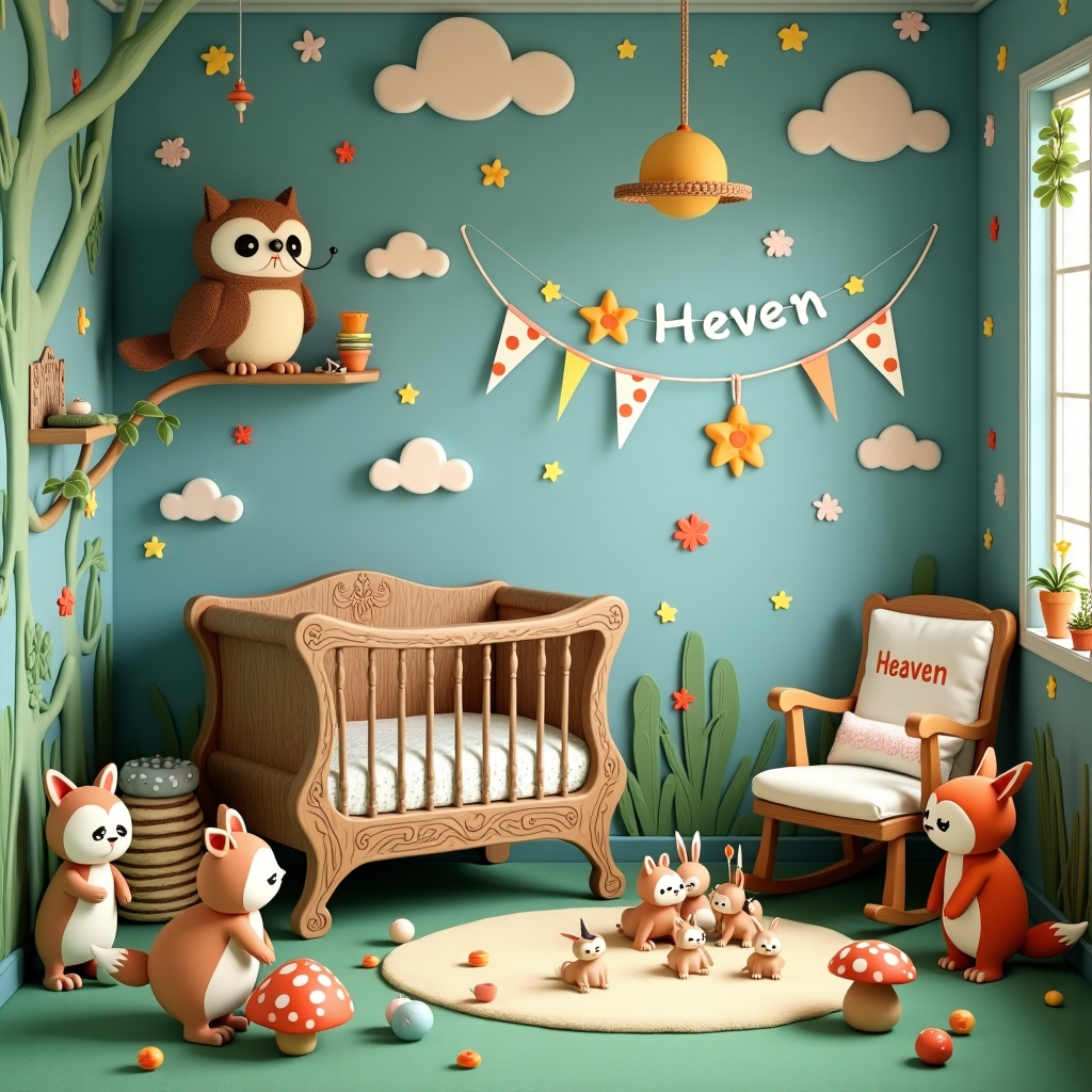 The scene is a whimsical nursery filled with playful and fantastical elements, drawing inspiration from the great illustrators of the past. The walls of the nursery are painted in a soft, ethereal twilight blue, and the floor is covered with a lush, green carpet that mimics a magical forest floor. A cozy crib made of twisted, vine-like wood sits at the center, adorned with delicate floral carvings reminiscent of Arthur Rackham's work. Above the crib hangs a mobile of colorful stars and planets, swaying gently, much like Maurice Sendak's imaginative dreamscapes. 

The ceiling is a sky of pastel clouds and twinkling stars. In the clouds, written in soft, fluffy letters made of cloudstuff, is the heartfelt message: "From the moment you were formed in your mother’s womb, you were made with love, grace, and the perfect touch of God. The world is waiting for you, and it needs the light you bring. May you shine brightly, lighting the way for everyone you meet, and filling their hearts with the same joy your parents bring. On the day you arrive, your tribe will light a candle in your honor and say a prayer of gratitude for the gift of your life and health. You are already so deeply loved, Heaven, and we can’t wait to see all the beautiful ways you will change the world. With all our love, Tia." 

Around the room, charming woodland creatures crafted in the style of Beatrix Potter and Edward Gorey are engaged in a celebratory gathering. A wise old owl, wearing a monocle, presides over the scene from a wooden perch, while a family of rabbits, wearing tiny hats, dances around a stack of soft toys shaped like mushrooms and toadstools. A friendly fox with a bushy tail, reminiscent of Quentin Blake’s playful characters, is holding a string of colorful pennants with the name "Heaven" embroidered on them, as if proclaiming the joyful occasion to all who enter. In the corner, a rocking chair with an embroidered cushion, shows the name "Tia," signifying her warm embrace and love.

Every corner of the room brims with details, from a tiny tea set on a shelf with miniature cups decorated with golden stars, inspired by Maxfield Parrish’s vivid palettes, to an open book on the floor with illustrations of a grand adventure, much like those of N.C. Wyeth. The entire scene captures a narrative of celebration, love, and anticipation for the new arrival, a magical blend of classic storytelling and heartfelt wishes, perfect for a new-baby greeting card.
Generated with these themes: baby.
Made with ❤️ by AI.