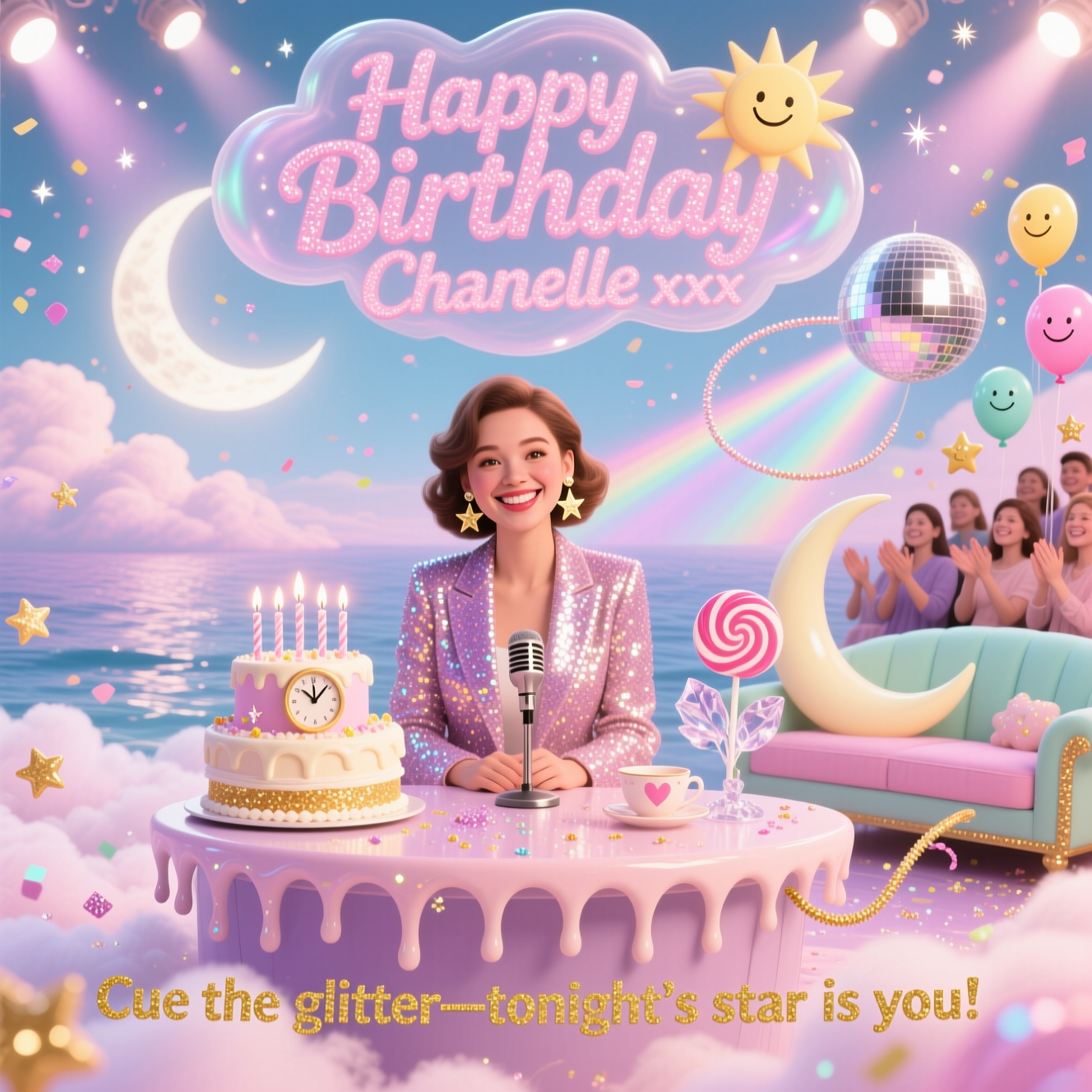 Female chat show host, glitter, sparkles, and Birthday Card