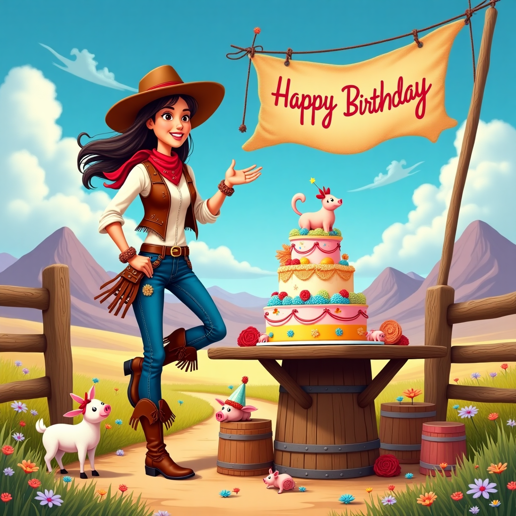 Imagine a vibrant, lively birthday scene set in a whimsical, sun-drenched western landscape. The sky is a vast canvas of azure blue, dotted with fluffy, candy-floss clouds. A majestic, distant mountain range, rendered in soft purples and browns, forms a grand backdrop.

In the foreground, a spirited cowgirl character, inspired by Norman Rockwell's dynamic realism, stands with one foot up on a rustic wooden fence. Her outfit is a patchwork of lively colors: a bright red bandana tied around her neck, a fringed brown leather vest, denim jeans with playful, cartoon-like embroidery of stars, and a classic wide-brimmed hat adorned with a playful ribbon. Her boots are a rich mahogany, polished to a shine, with intricate stitching detail.

Beside her is a festively decorated wooden table laden with a birthday cake that screams excitement. The cake is tiered and adorned with swirls of colorful icing in hues of pink, blue, and yellow. Perched atop the cake, in bold icing letters, is the word "Sharl." The cake is encircled by a small parade of farm animals: a cheeky little pig with a party hat, a lamb with a festive ribbon, and a rooster mid-crow, all rendered in a Beatrix Potter style with delicate, fine lines.

Suspended above the scene is a banner, gently swaying in an imaginary breeze, crafted from rustic burlap with playful, hand-painted lettering that says "Happy Birthday" in a font reminiscent of an old western saloon.

The ground is a patchwork of vibrant wildflowers and tufts of grass, intricately detailed like an Arthur Rackham illustration, with tiny insects and creatures peeking out between the blades. Small wooden crates and barrels, painted with pastel colors, act as additional seating and are strewn around the scene.

Overall, the card combines the expressive, detailed style of Maxfield Parrish's color and light use with the whimsical characterizations of Quentin Blake, creating a joyful and captivating tableau that feels both timeless and fresh.
Generated with these themes: cowgirl.
Made with ❤️ by AI.