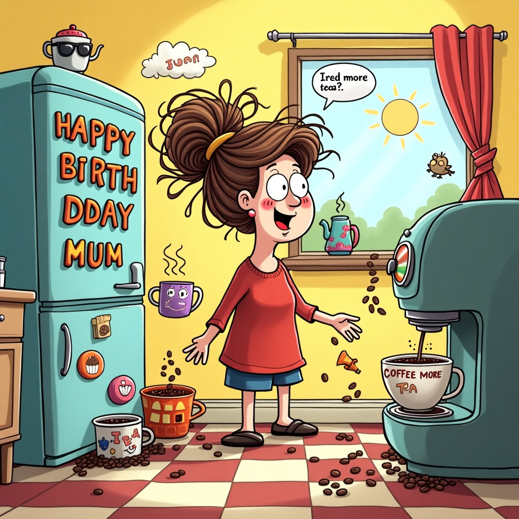 A funny sketch of a mum with brown hair taking up 3 coffee machans saying i need more tea Birthday Card