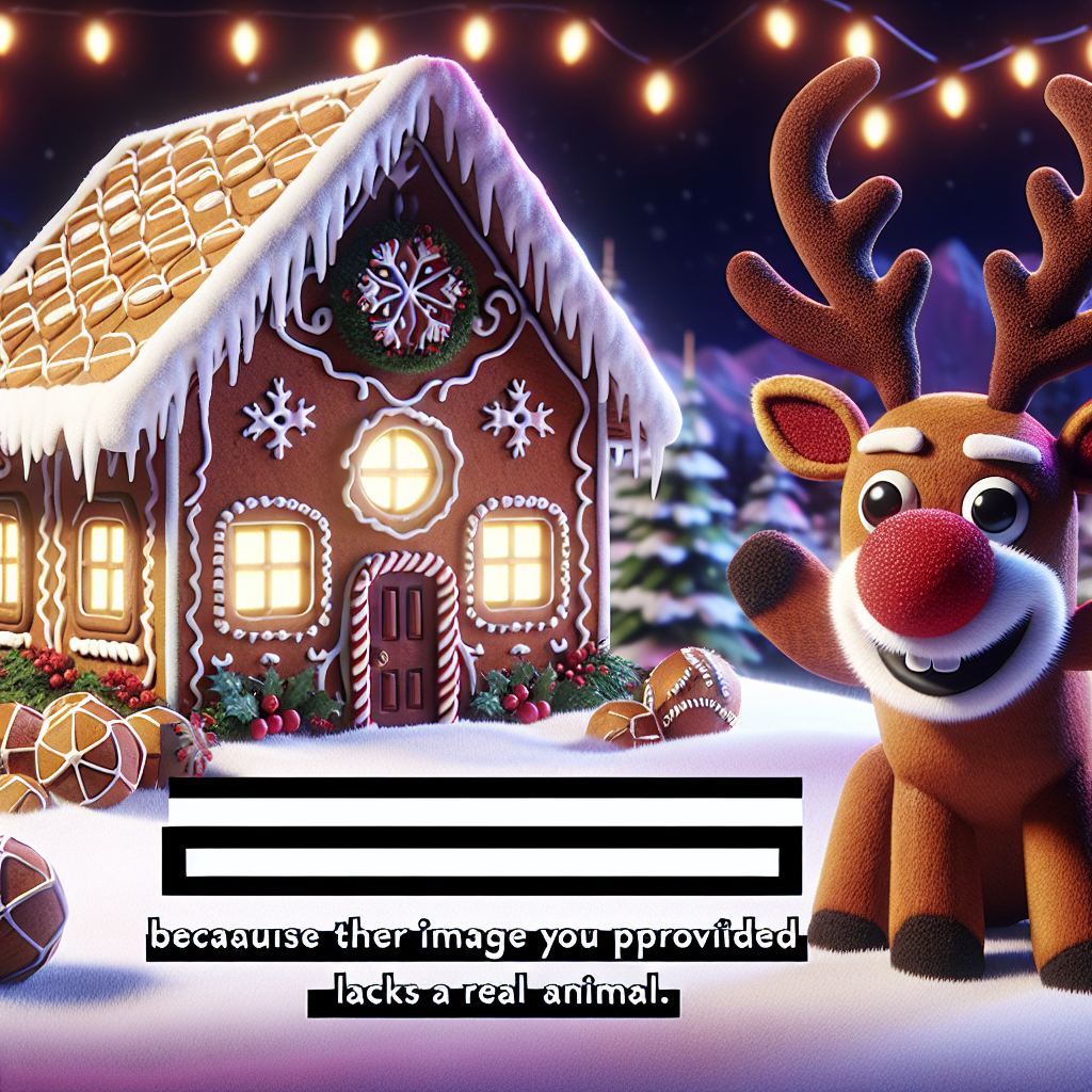 The quaint animated image captures the essence of Christmas, featuring a cozy gingerbread house and a cheerful reindeer with a bright red nose. Despite the holiday charm, a disclaimer floats across: 'Sorry, I can't provide the breed of the pet because the image you provided lacks a real animal.'
.
Made with ❤️ by AI.
