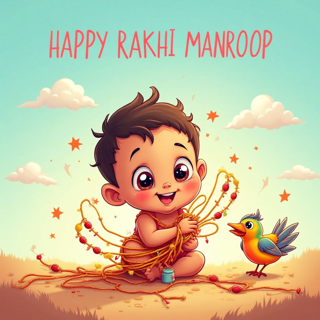 At the top of the Cartoon Style image, include the text: "HAPPY RAKHI MANROOP"

**Image Prompt:**

Create a whimsical cartoon scene featuring a playful baby with large sparkling eyes, happily tangled in an oversized Rakhi bracelet. The Rakhi is adorned with colorful beads and charms, glistening in a warm, magical light. The background is a soft, dreamy baby blue sky with fluffy white clouds. Nearby, a cheerful little bird, with a bright, colorful plumage, is playfully tugging at the Rakhi, adding a sense of joy and celebration to the scene. The entire image is outlined in bold, thick lines, giving it a lively and energetic feel. In the bottom corner, add a small, playful caption: "Tangled in Love!"
Generated with these themes: Baby blue , Baby , RAKHI, and .
Made with ❤️ by AI.